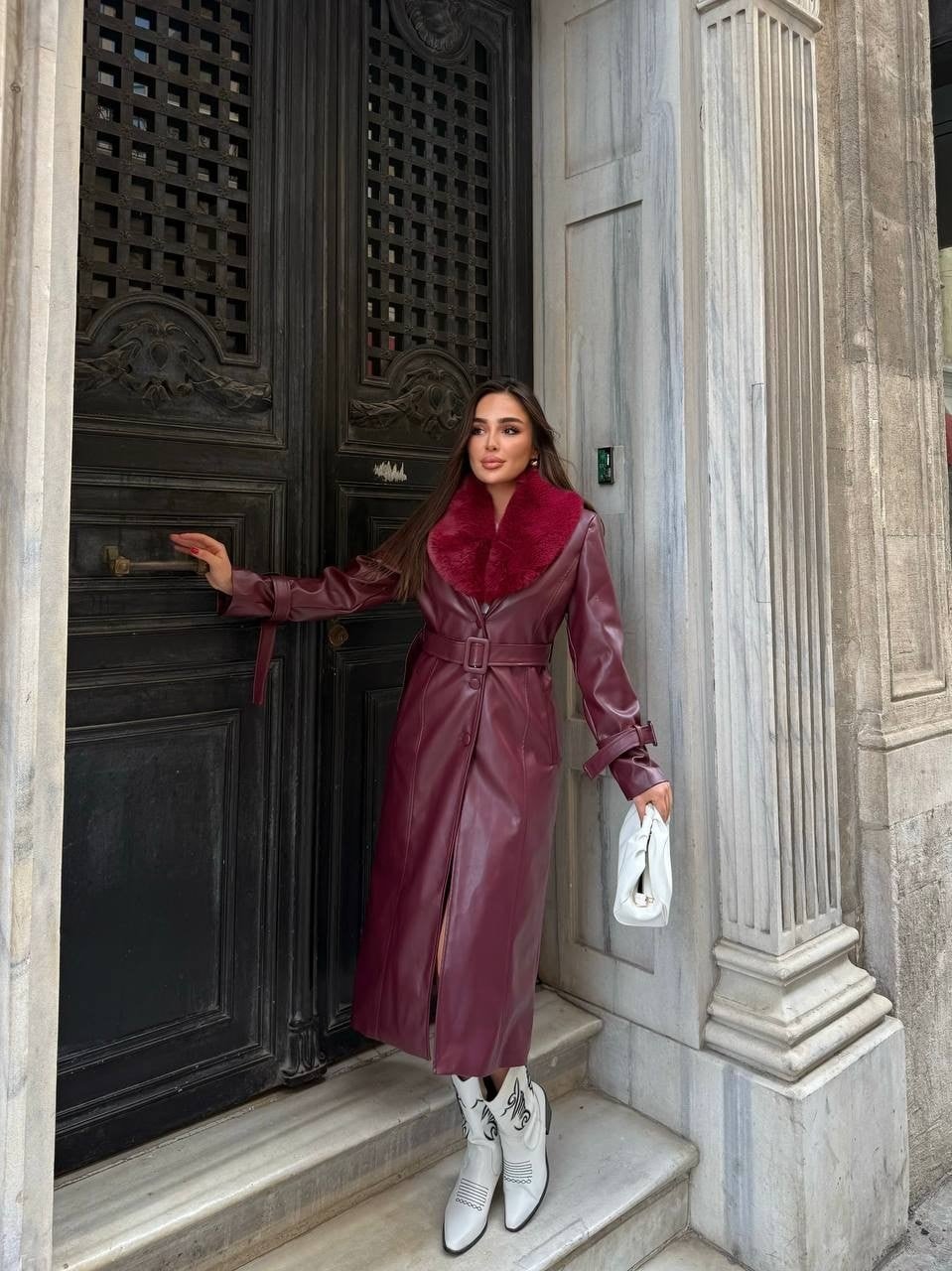 Kemerli, Kürk Detaylı Uzun Deri  Kadın Kaban