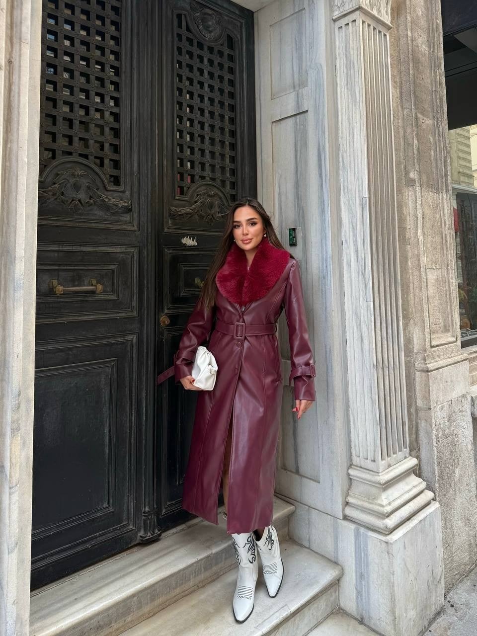 Kemerli, Kürk Detaylı Uzun Deri  Kadın Kaban