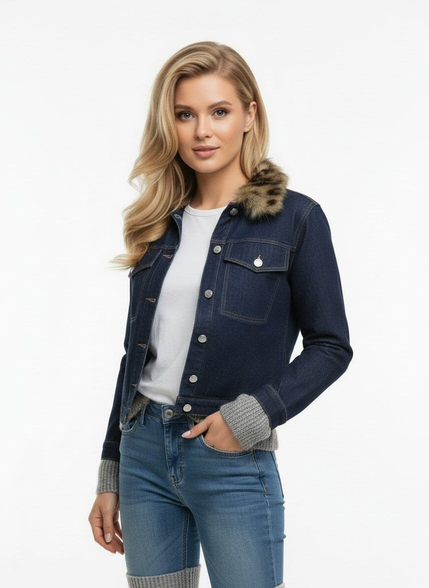 Kürk Yaka Detaylı Premium Denim Ceket – Modern Kesim Şık Jean Ceket