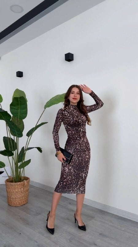 Leopar Desenli Uzun Kollu Şık Elbise