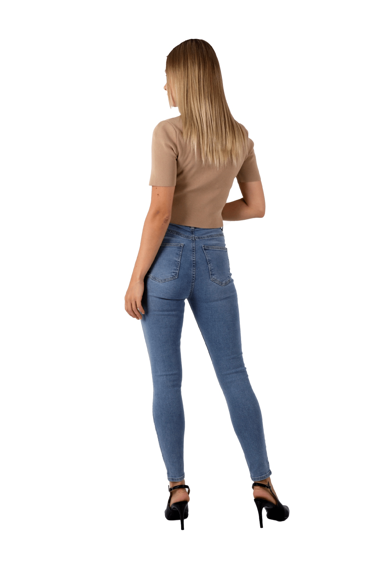Mavi Renk Dar Paça Diz Yırtık Yüksek Bel Jeans