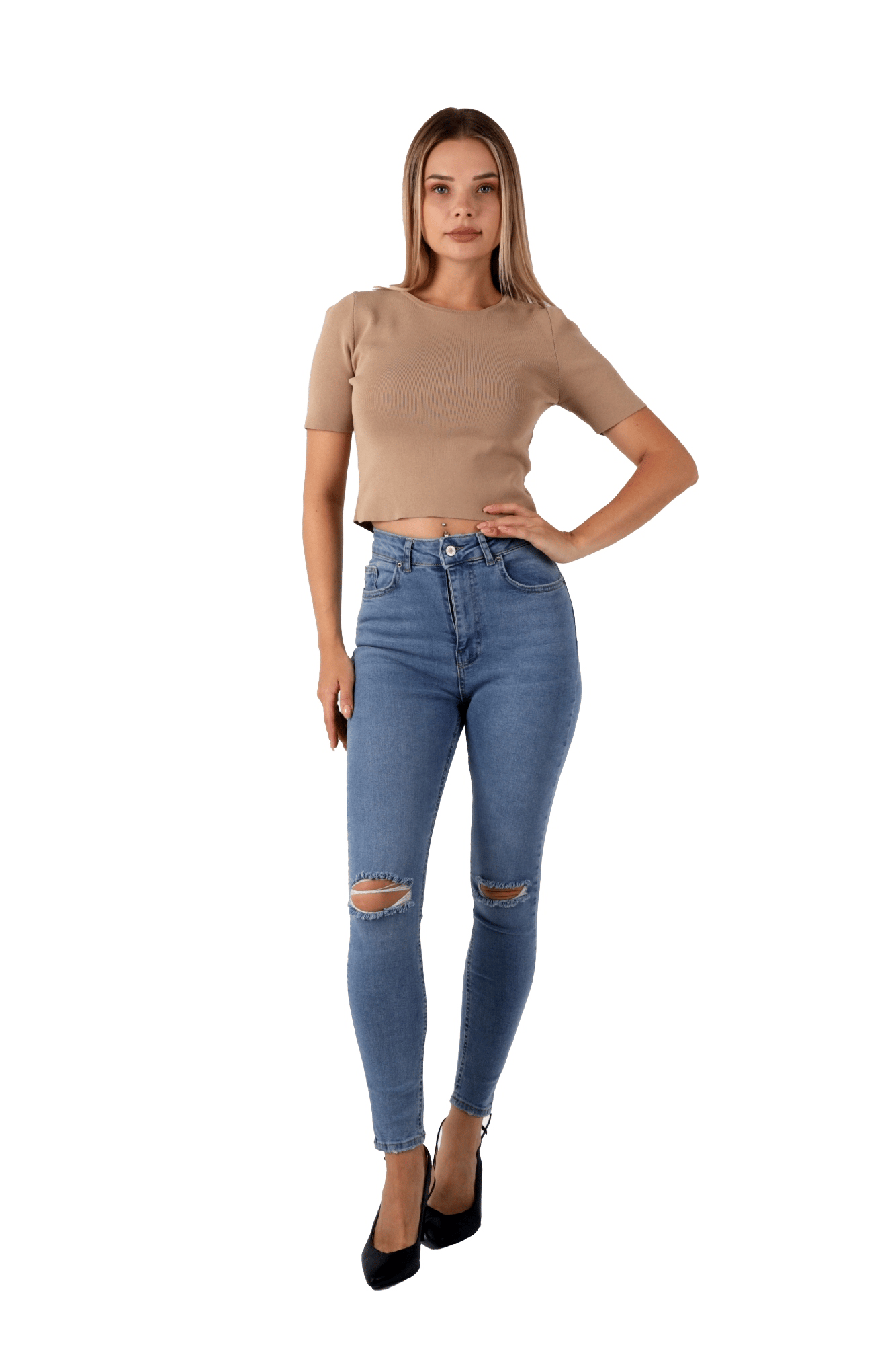 Mavi Renk Dar Paça Diz Yırtık Yüksek Bel Jeans