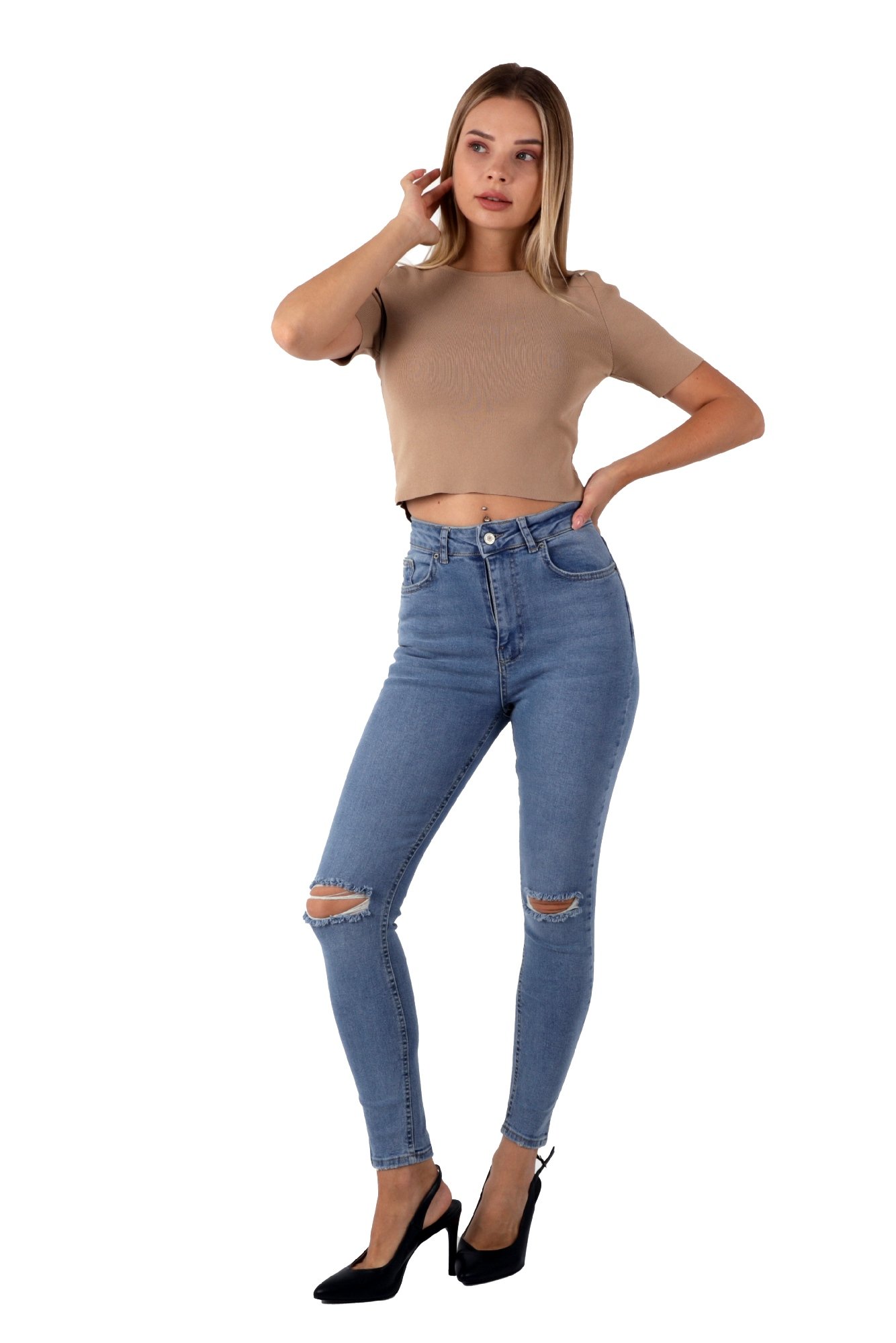 Mavi Renk Dar Paça Diz Yırtık Yüksek Bel Jeans