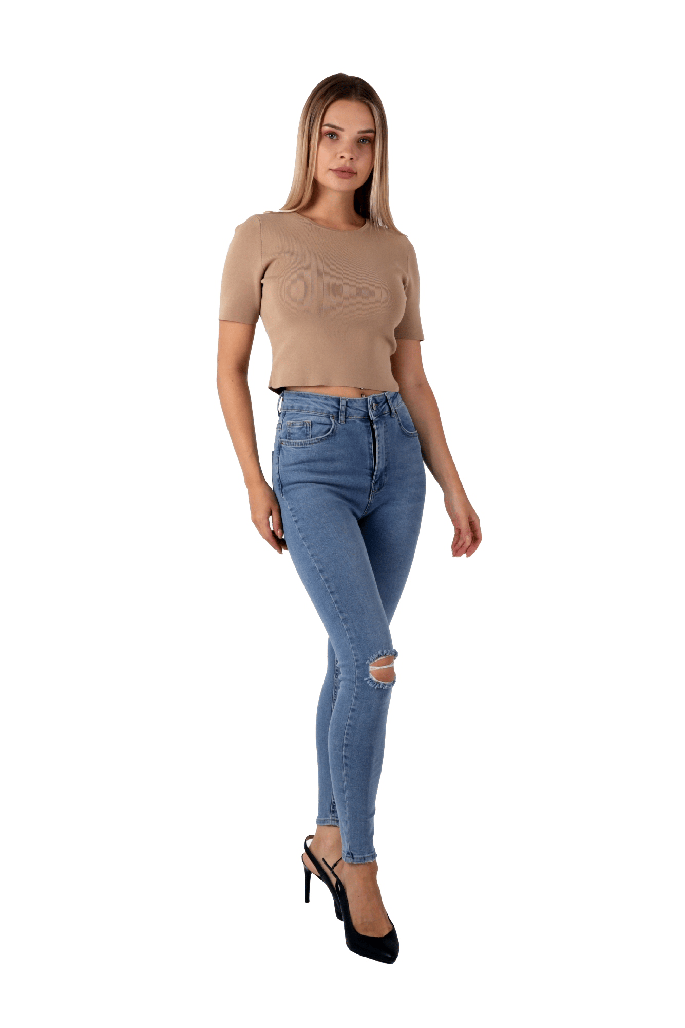Mavi Renk Dar Paça Diz Yırtık Yüksek Bel Jeans