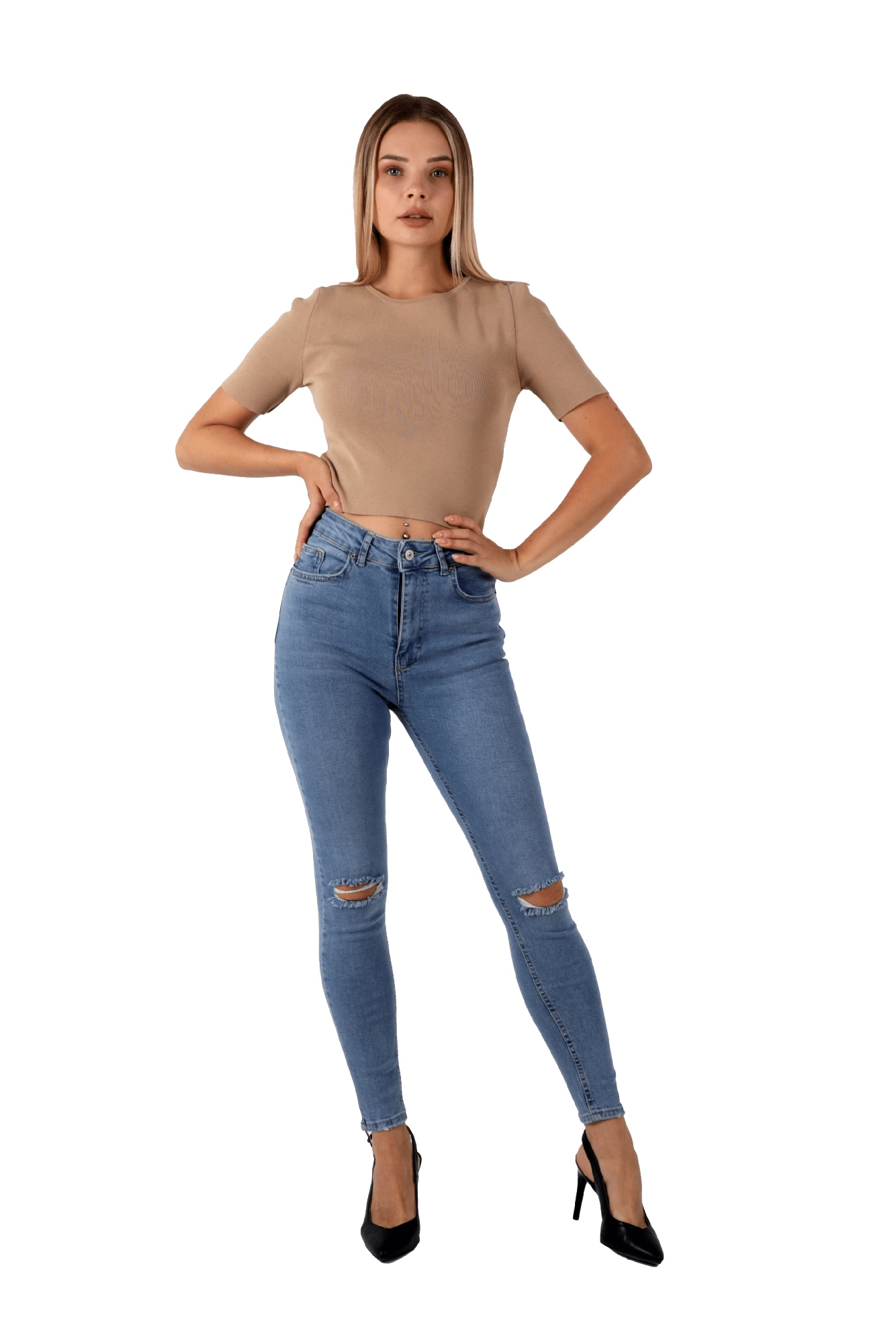 Mavi Renk Dar Paça Diz Yırtık Yüksek Bel Jeans