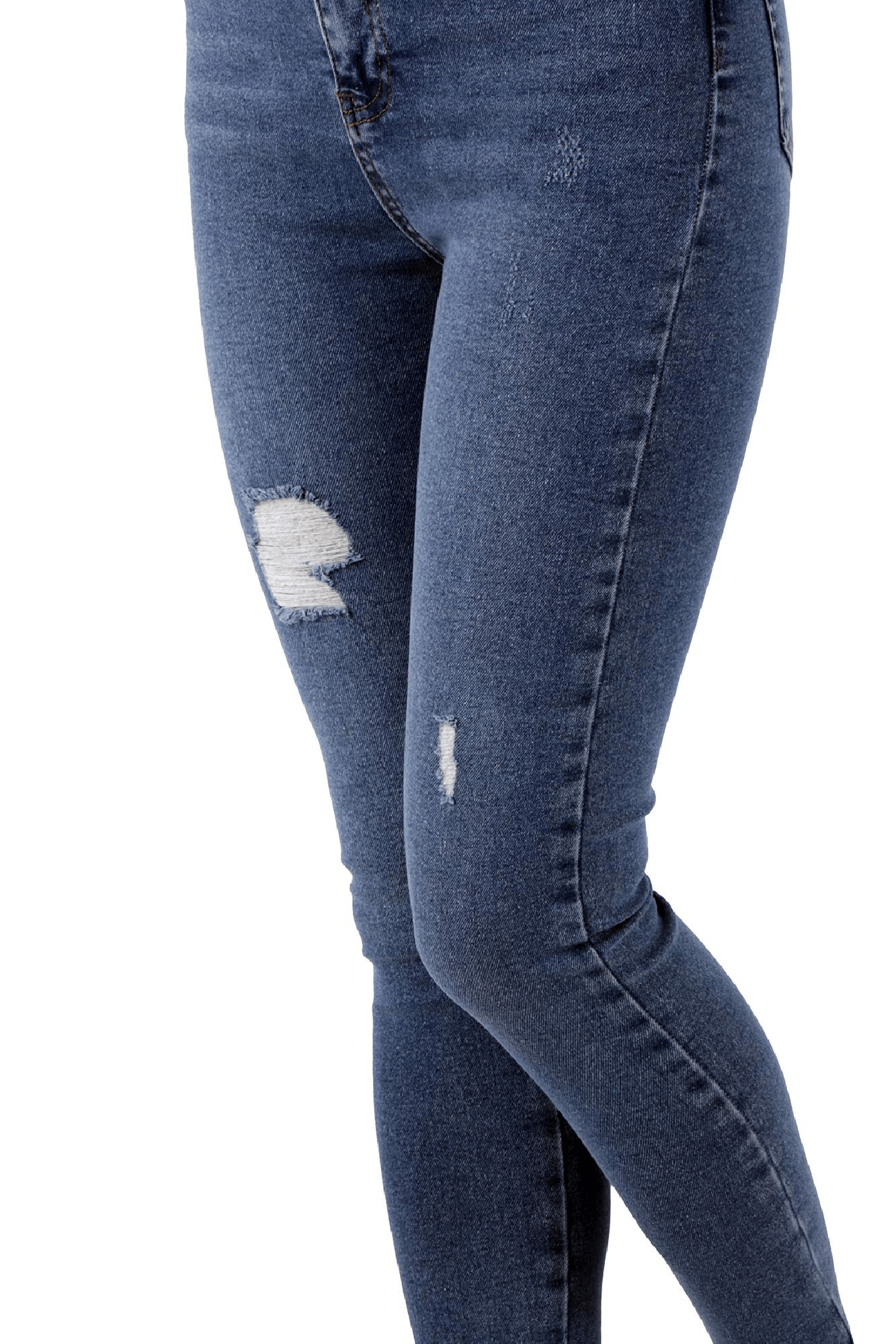 Mavi Renk Dar Paça Eskitme Detaylı Yüksek Bel Jeans