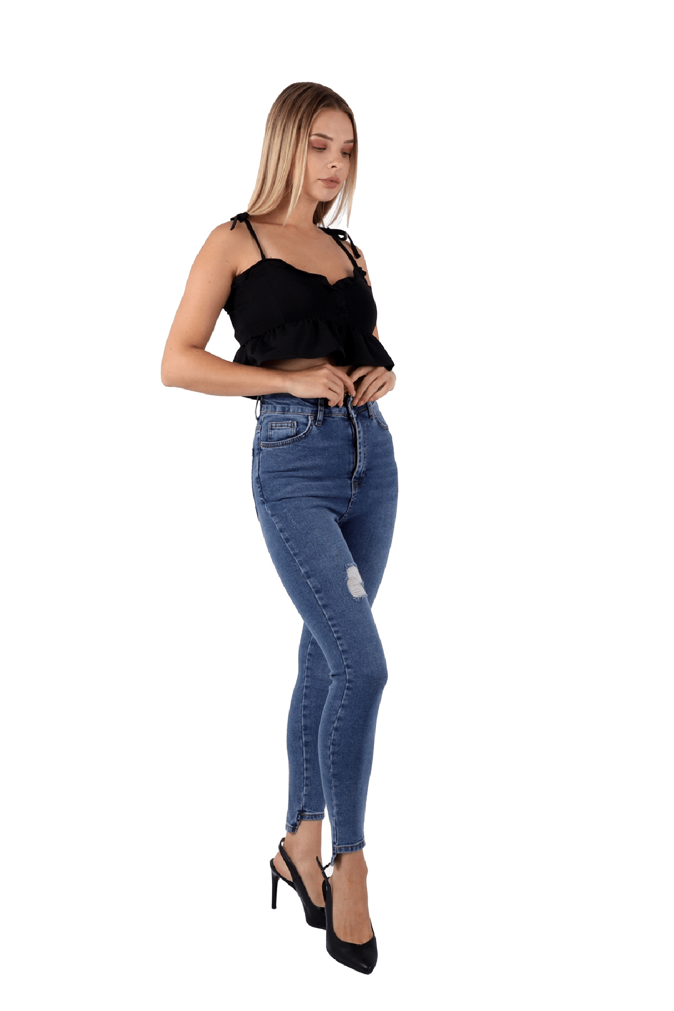 Mavi Renk Dar Paça Eskitme Detaylı Yüksek Bel Jeans