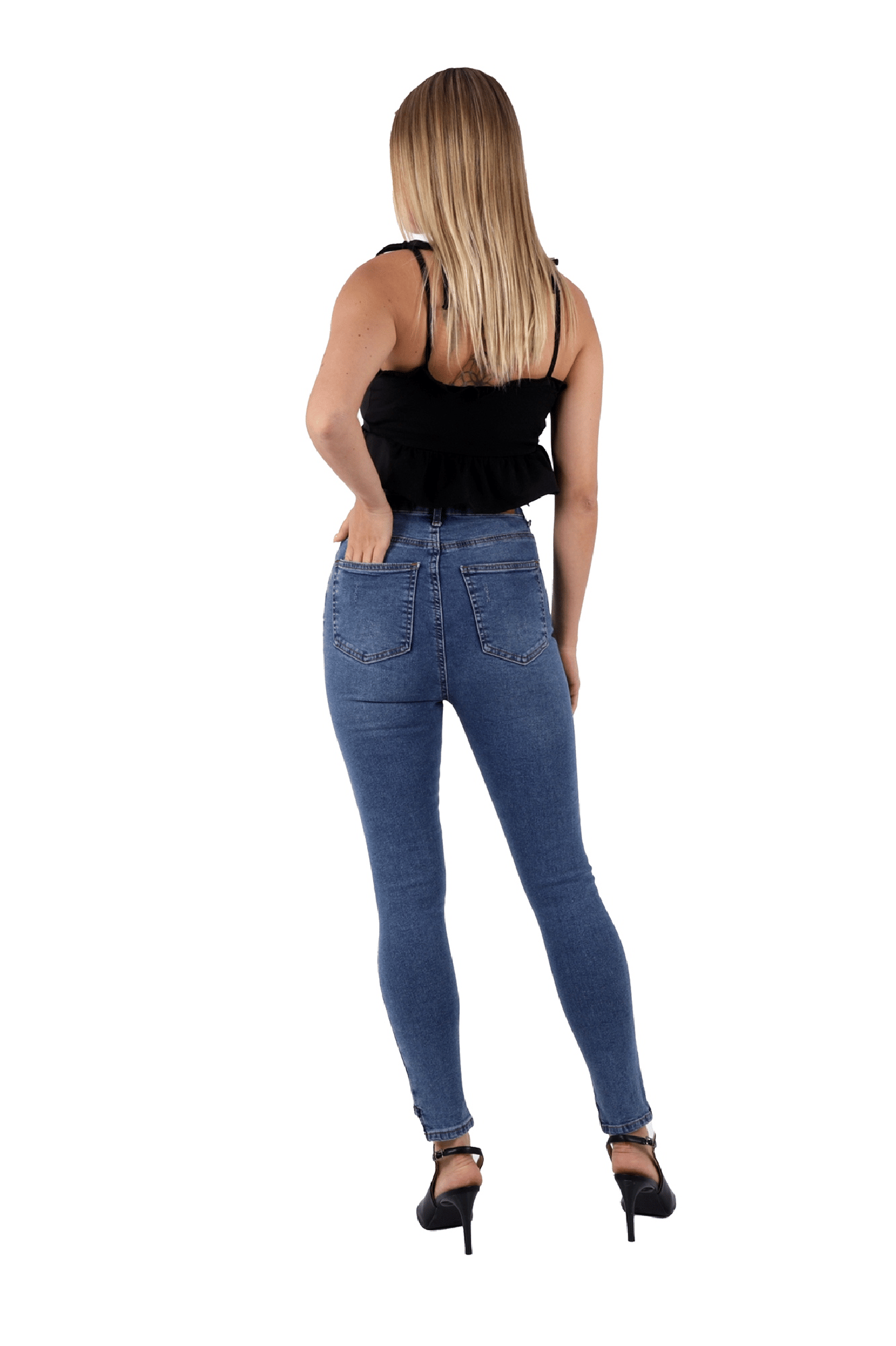 Mavi Renk Dar Paça Eskitme Detaylı Yüksek Bel Jeans