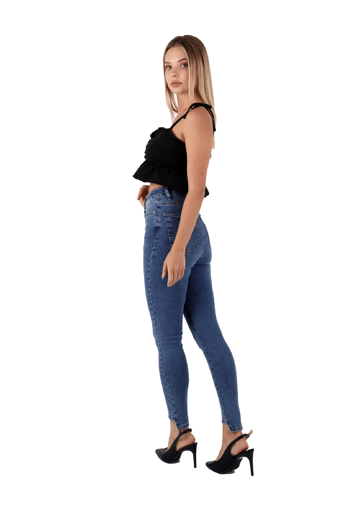 Mavi Renk Dar Paça Eskitme Detaylı Yüksek Bel Jeans