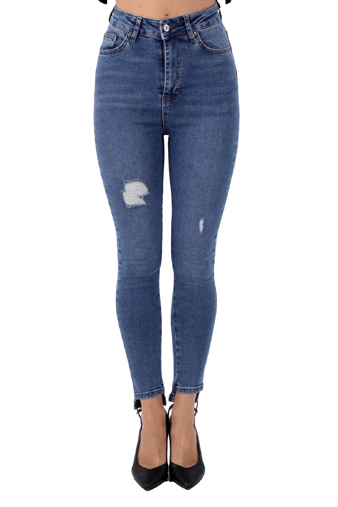 Mavi Renk Dar Paça Eskitme Detaylı Yüksek Bel Jeans