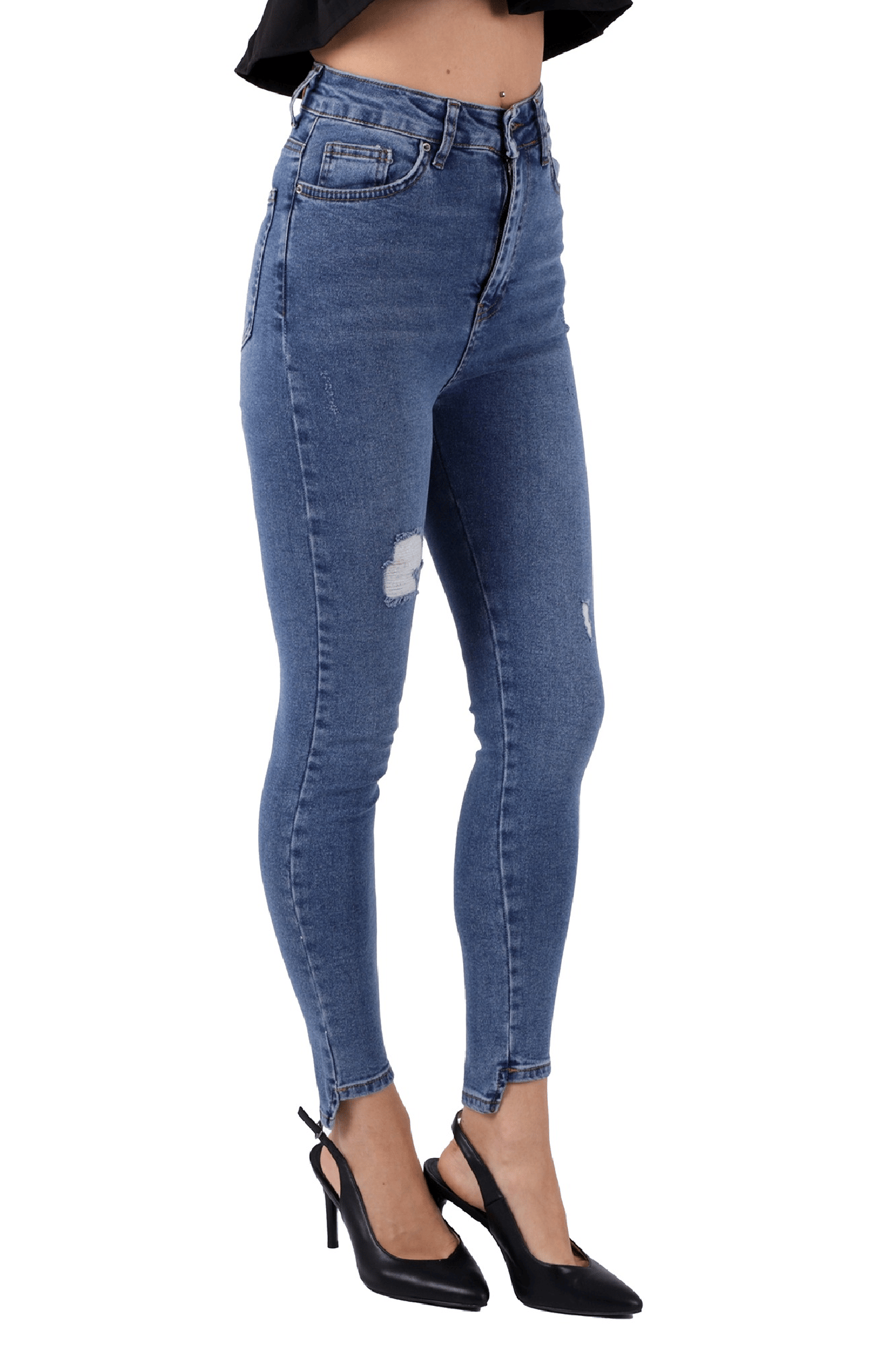 Mavi Renk Dar Paça Eskitme Detaylı Yüksek Bel Jeans