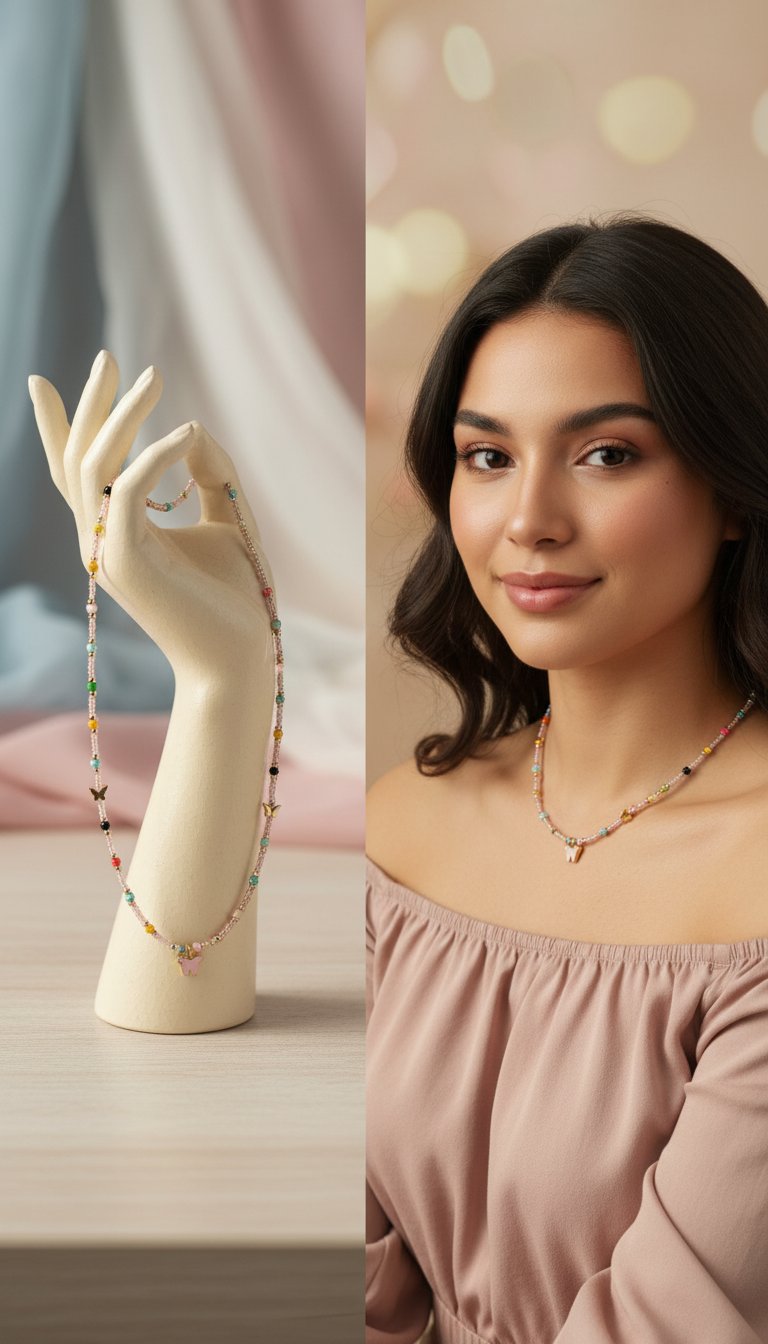 Minimal Kelebek Figürlü İnce Boncuk Detaylı Kadın Kolye