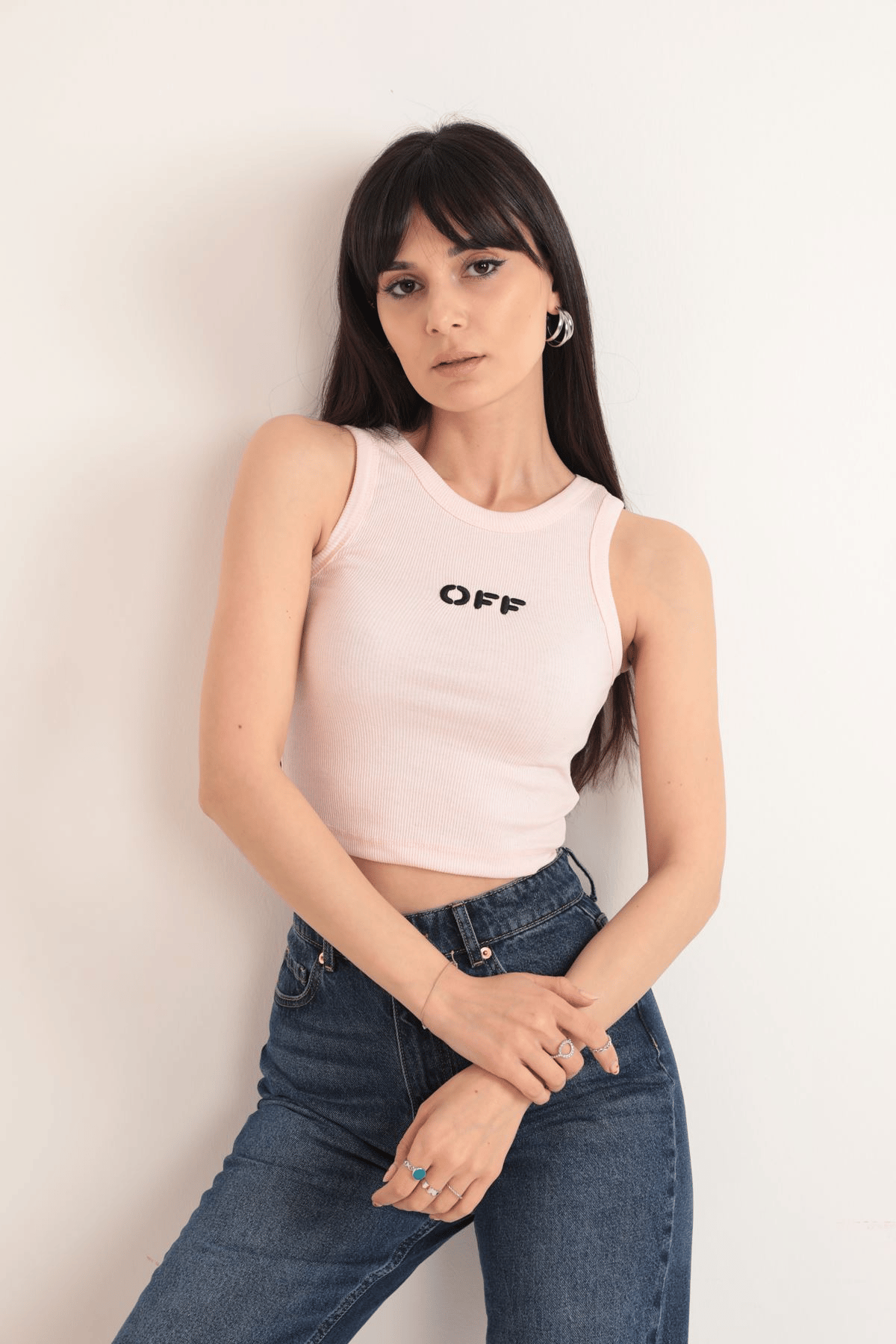 OFF Nakış Detaylı Fitilli Crop Bluz – Pudra