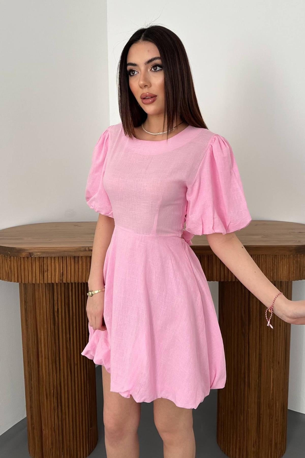 Pembe Arkadan Bağlamalı Keten Elbise