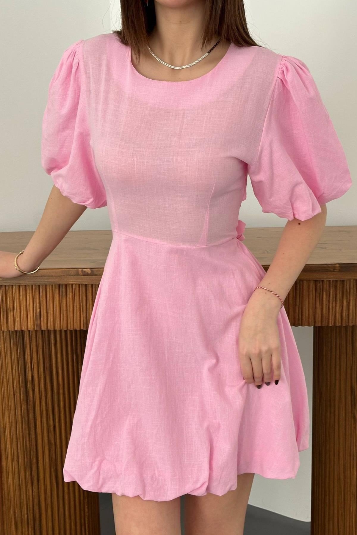 Pembe Arkadan Bağlamalı Keten Elbise