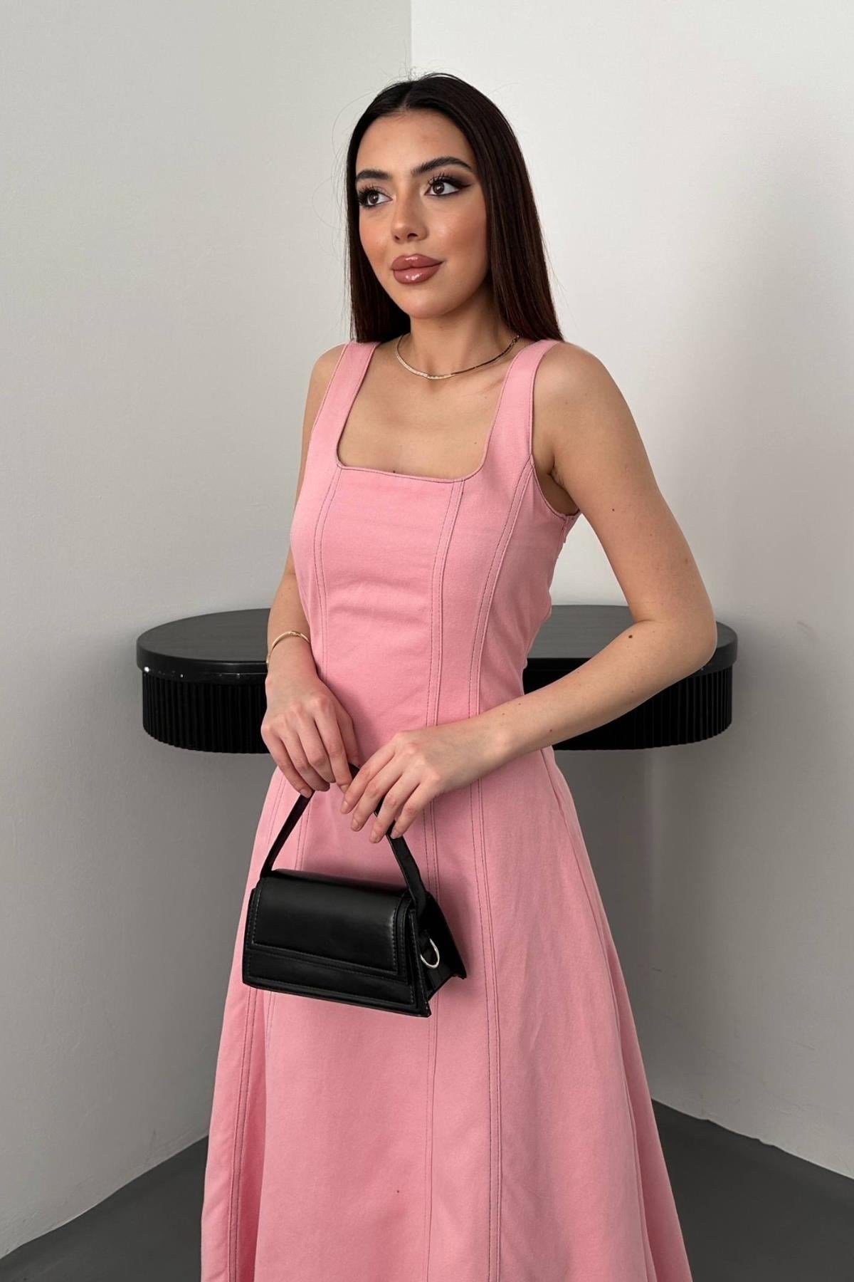 Pembe Çift Dikişli Gabardin Elbise