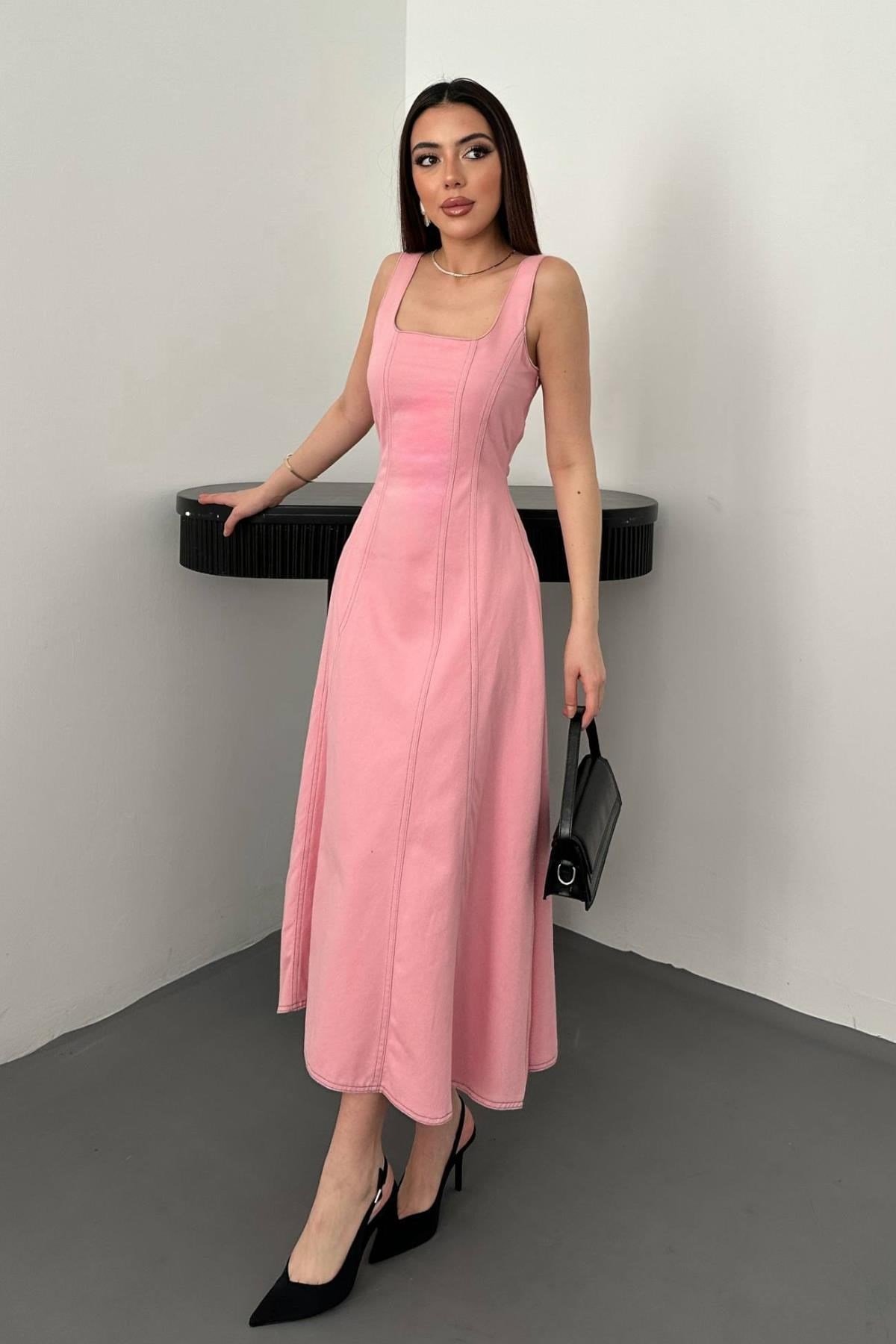 Pembe Çift Dikişli Gabardin Elbise