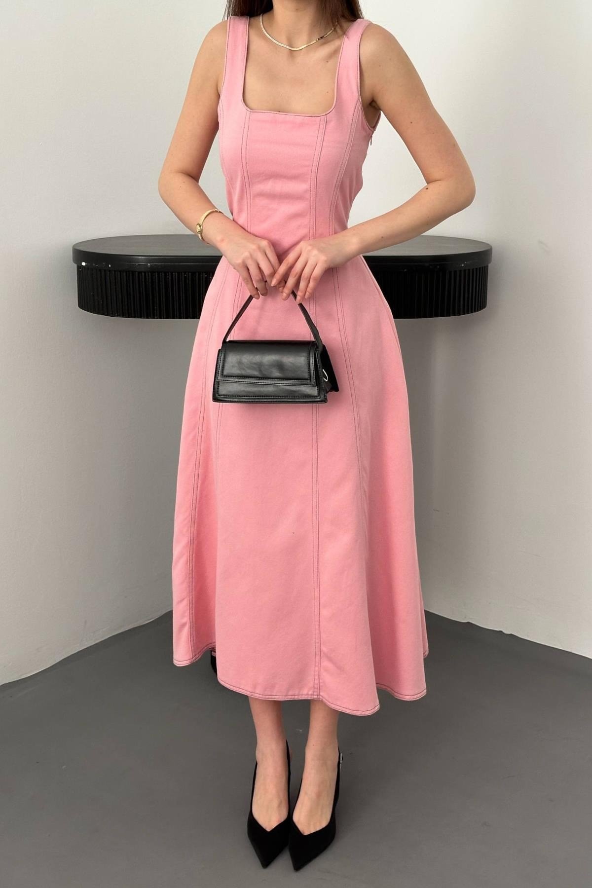 Pembe Çift Dikişli Gabardin Elbise