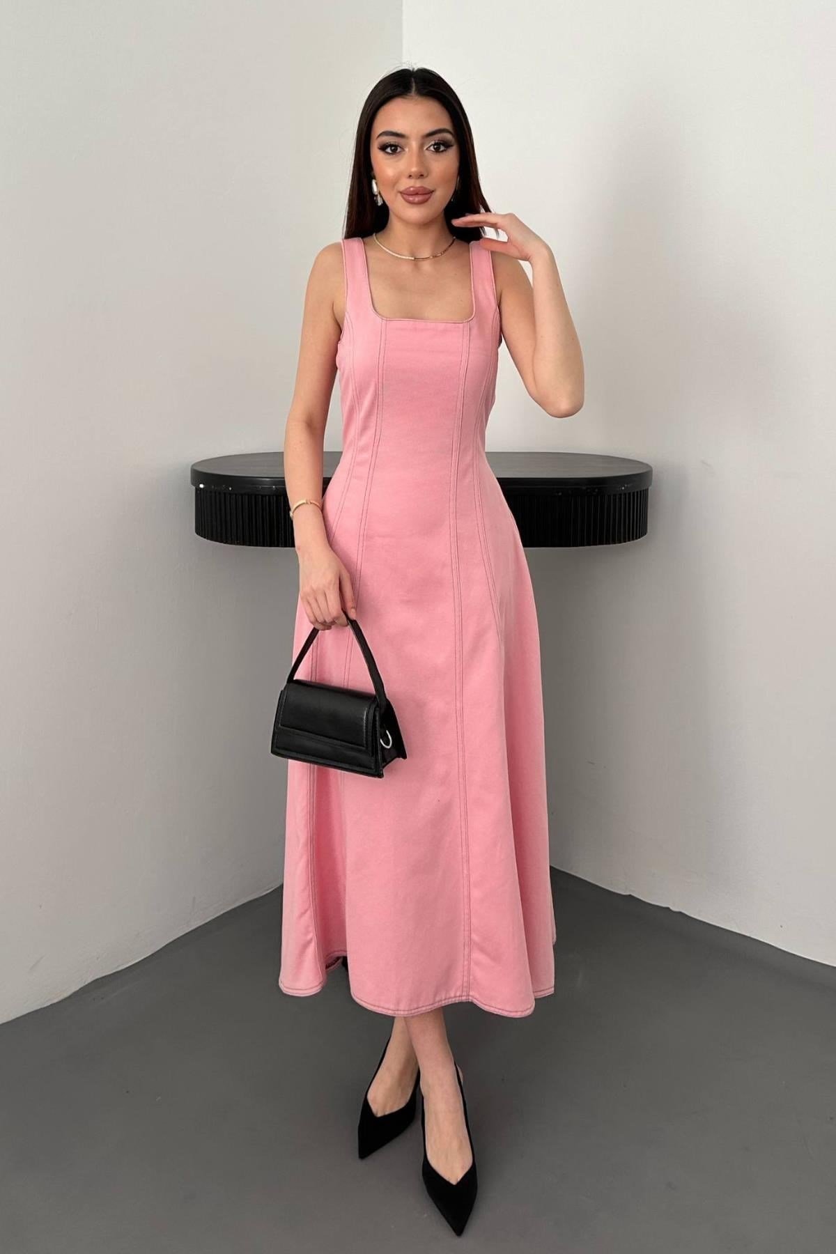 Pembe Çift Dikişli Gabardin Elbise