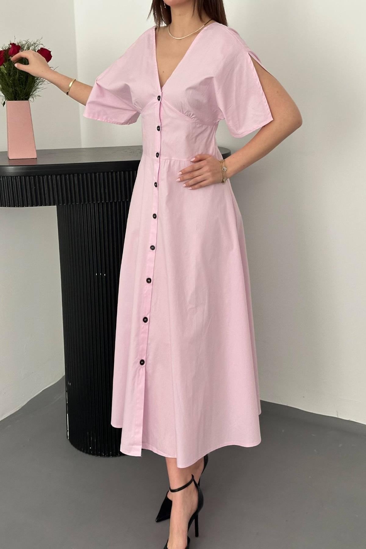 Pembe Düğmeli Midi Boy Poplin Elbise