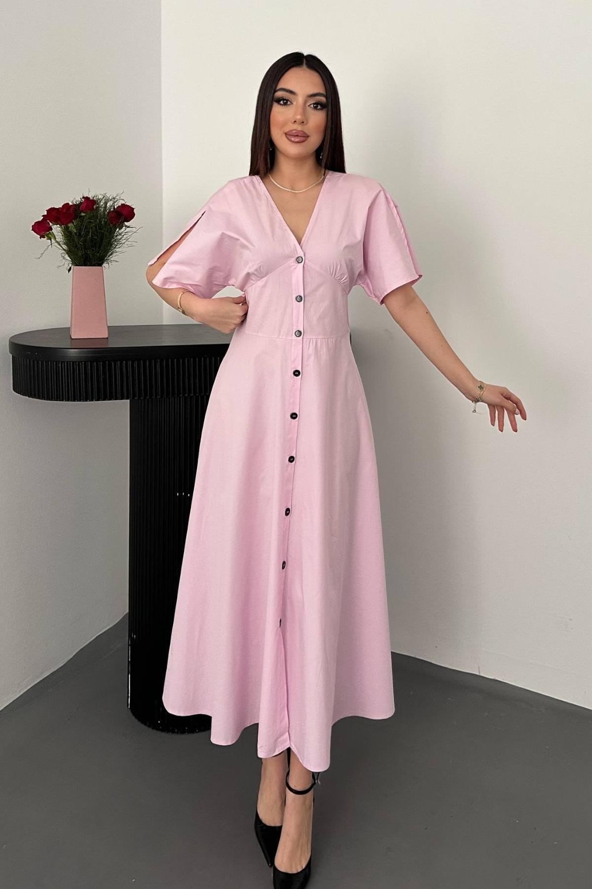 Pembe Düğmeli Midi Boy Poplin Elbise