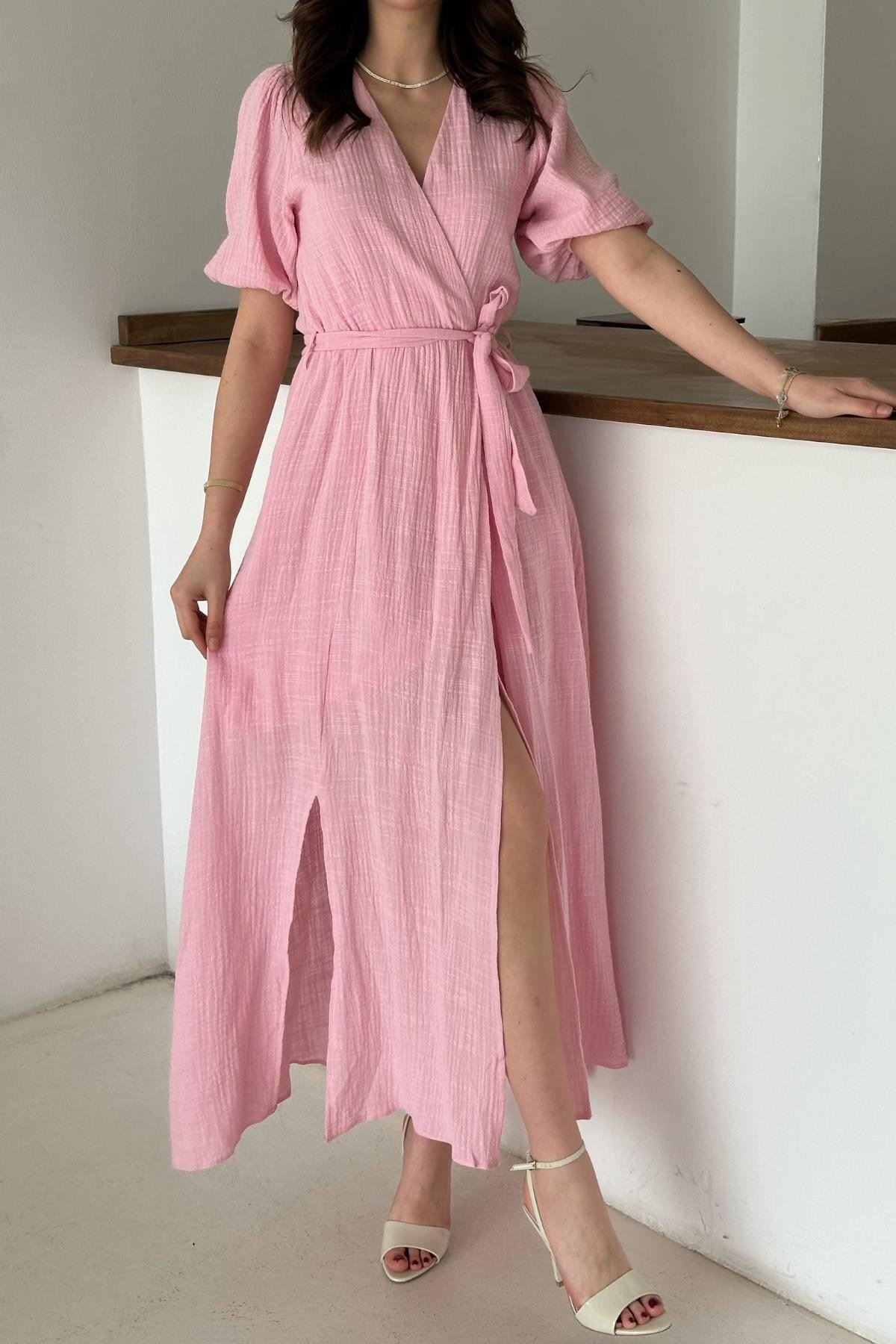Pembe Kruvaze Yaka Müslin Keten Elbise