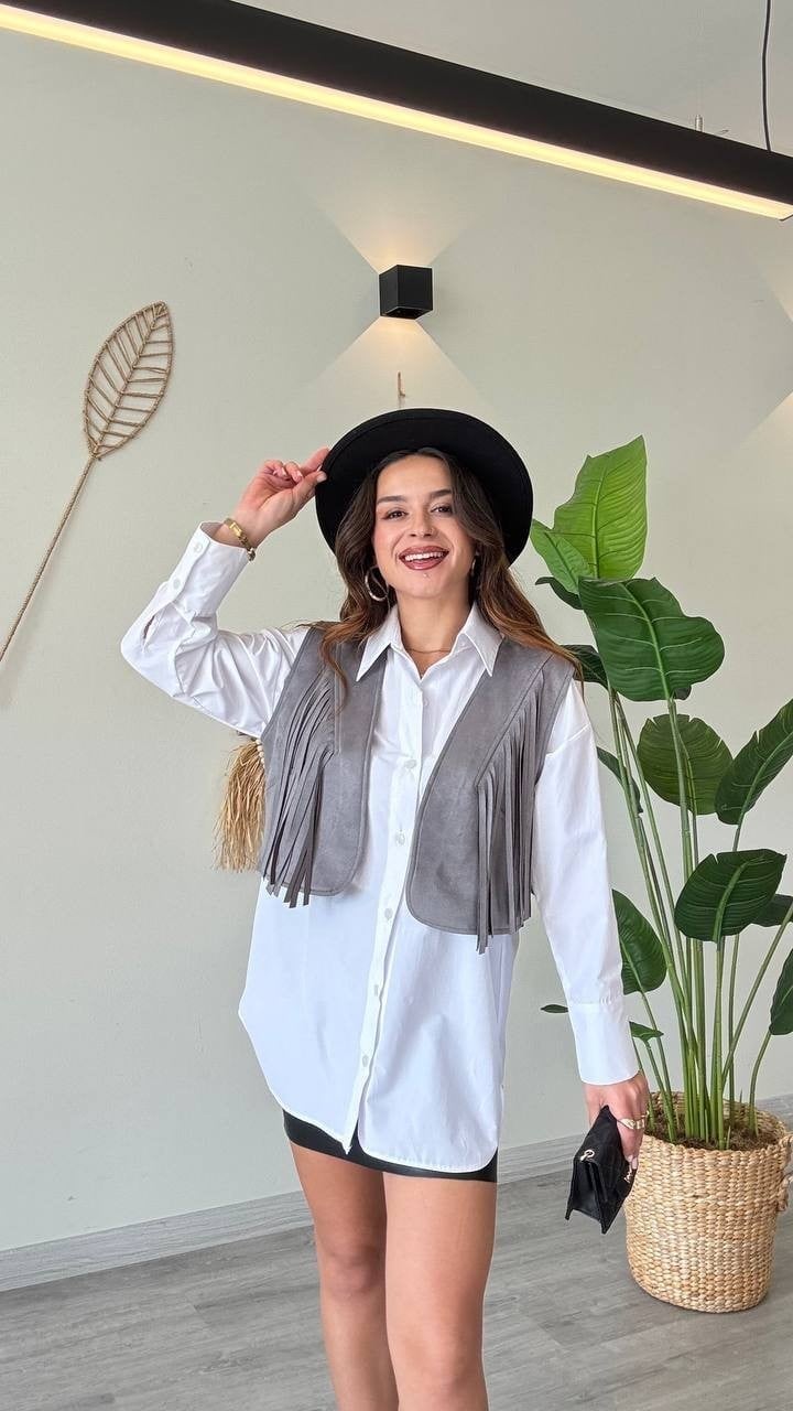 Püskül Detaylı Modern Yelek – Güçlü Ve Özgür Stil-Gri