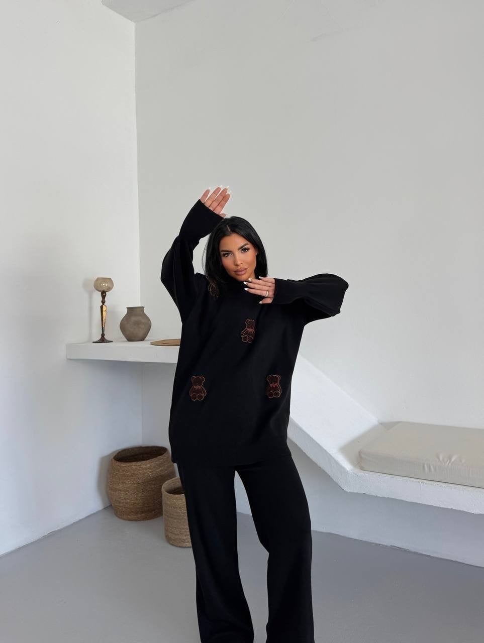 Siyah Ayıcık Desenli Oversize Triko Takım
