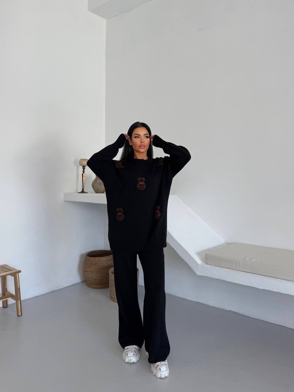 Siyah Ayıcık Desenli Oversize Triko Takım