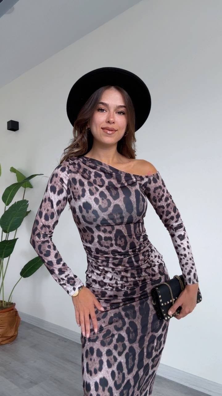 Tek Omuz Leopar Desenli Midi Elbise