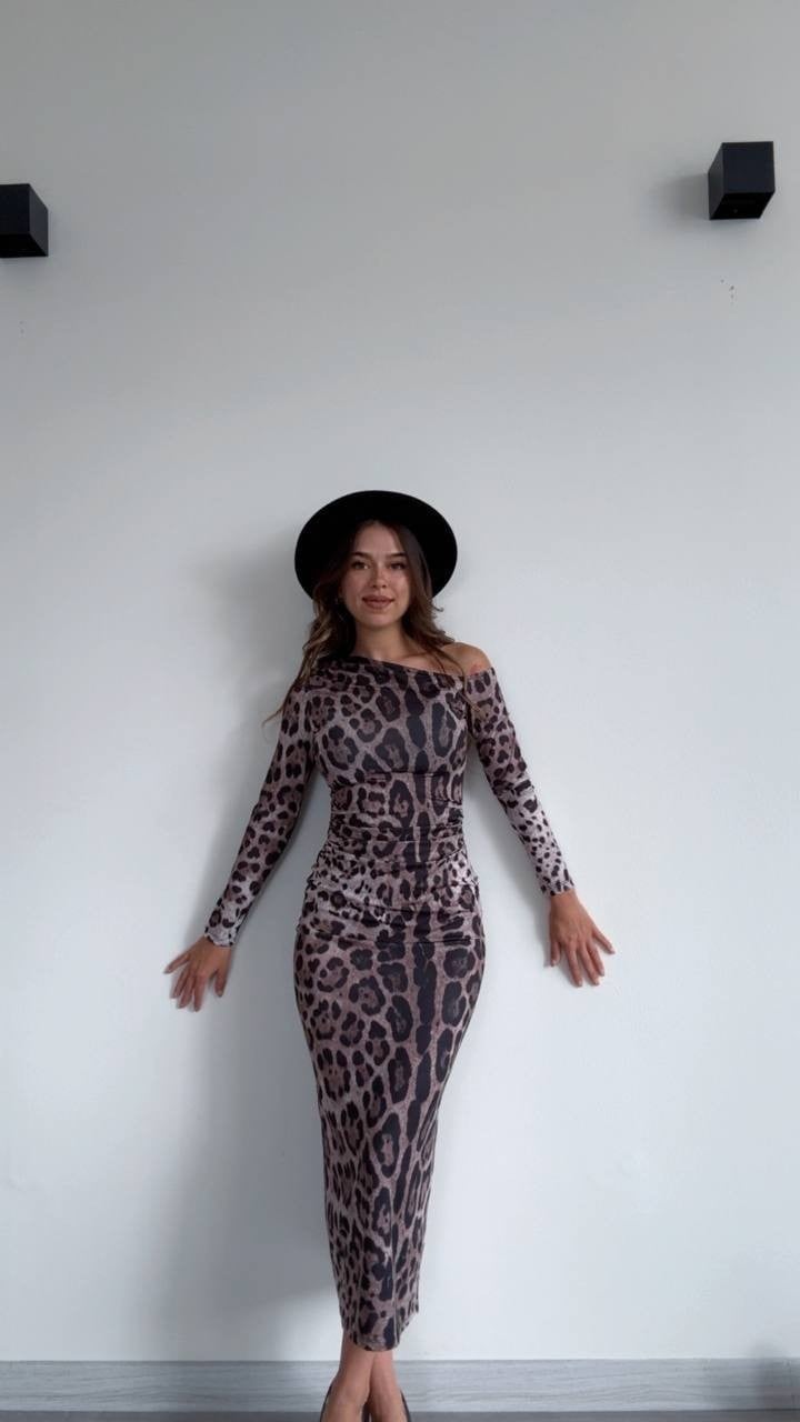 Tek Omuz Leopar Desenli Midi Elbise