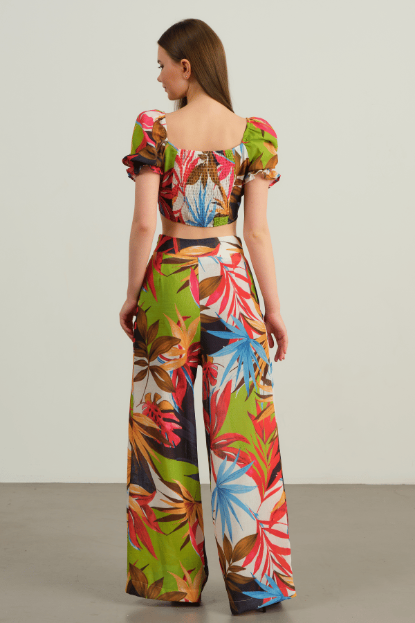 Tropikal Desenli Crop Bluz & Palazzo Pantolon Takım