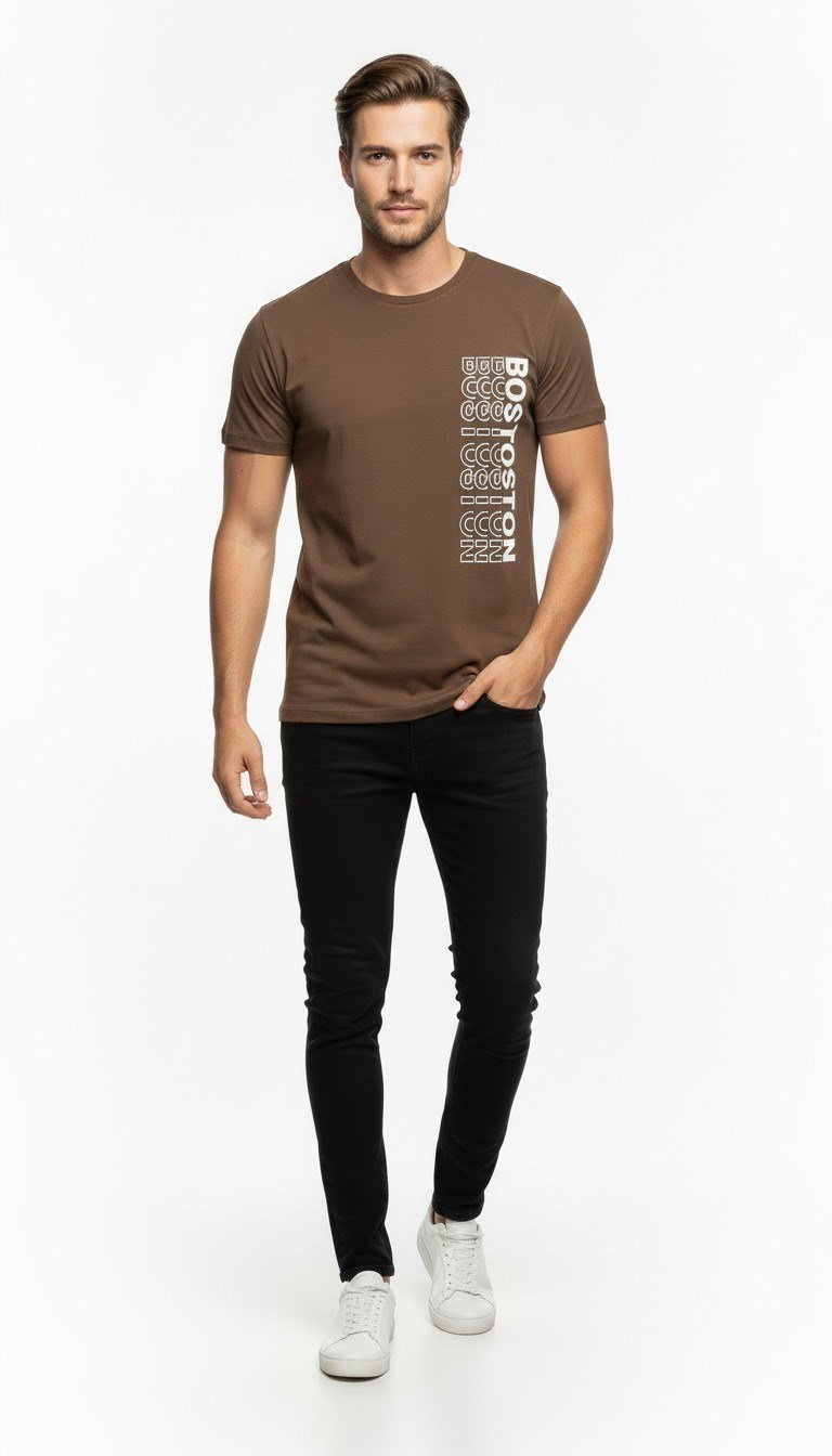 Urban Boston Dikey Baskı Erkek Tişört – Slim Fit, Sokak Stili Günlük T-Shirt