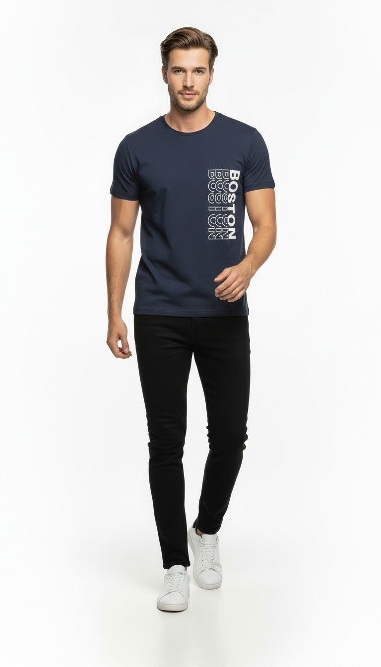 Urban Boston Dikey Baskı Erkek Tişört – Slim Fit, Sokak Stili Günlük T-Shirt