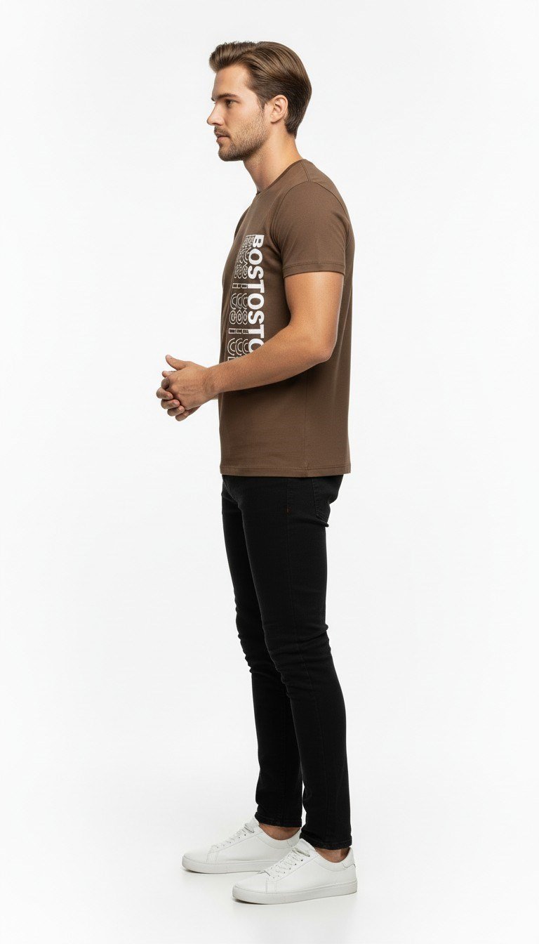 Urban Boston Dikey Baskı Erkek Tişört – Slim Fit, Sokak Stili Günlük T-Shirt