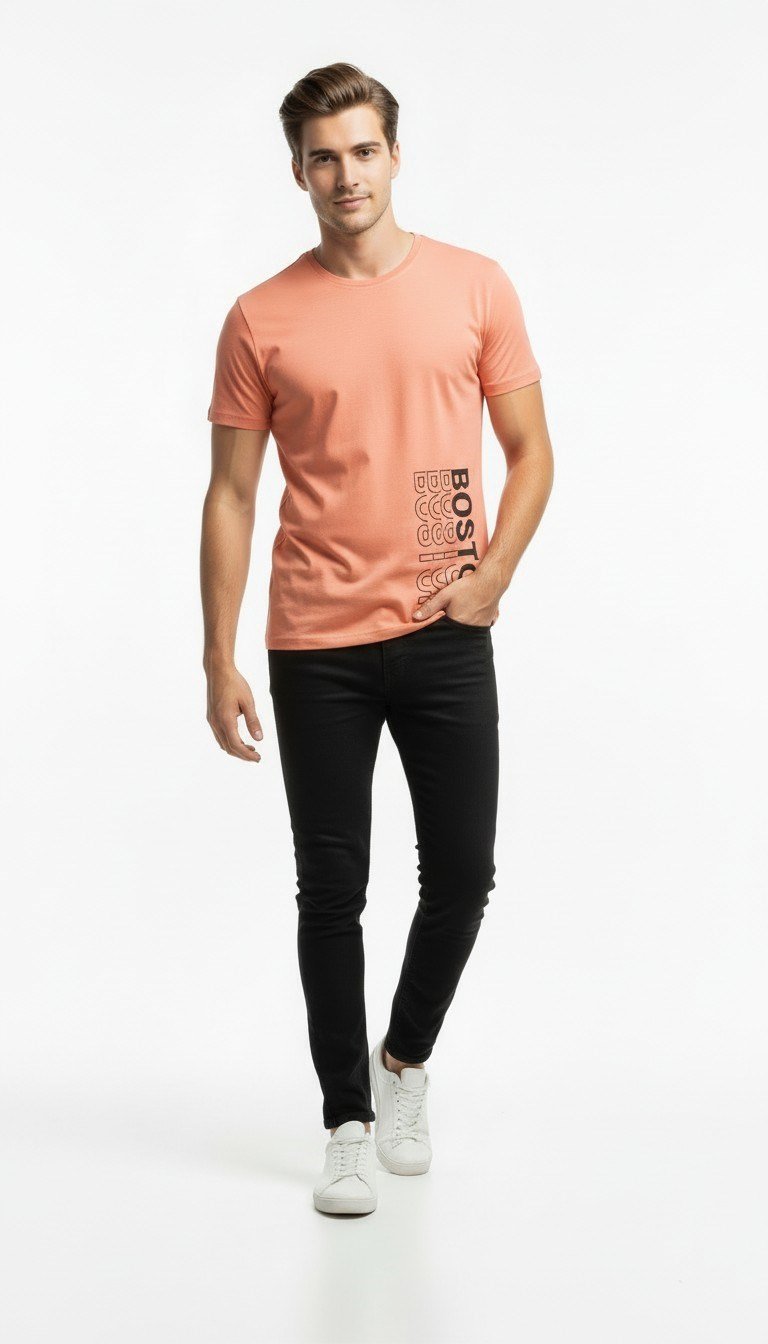 Urban Boston Dikey Baskı Erkek Tişört – Slim Fit, Sokak Stili Günlük T-Shirt