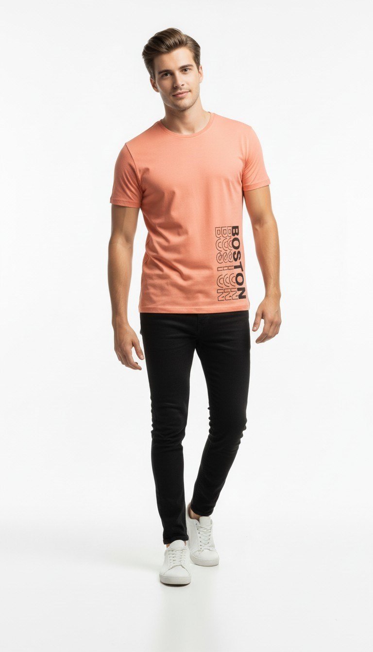 Urban Boston Dikey Baskı Erkek Tişört – Slim Fit, Sokak Stili Günlük T-Shirt
