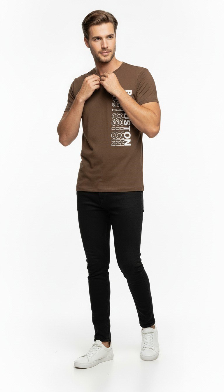 Urban Boston Dikey Baskı Erkek Tişört – Slim Fit, Sokak Stili Günlük T-Shirt
