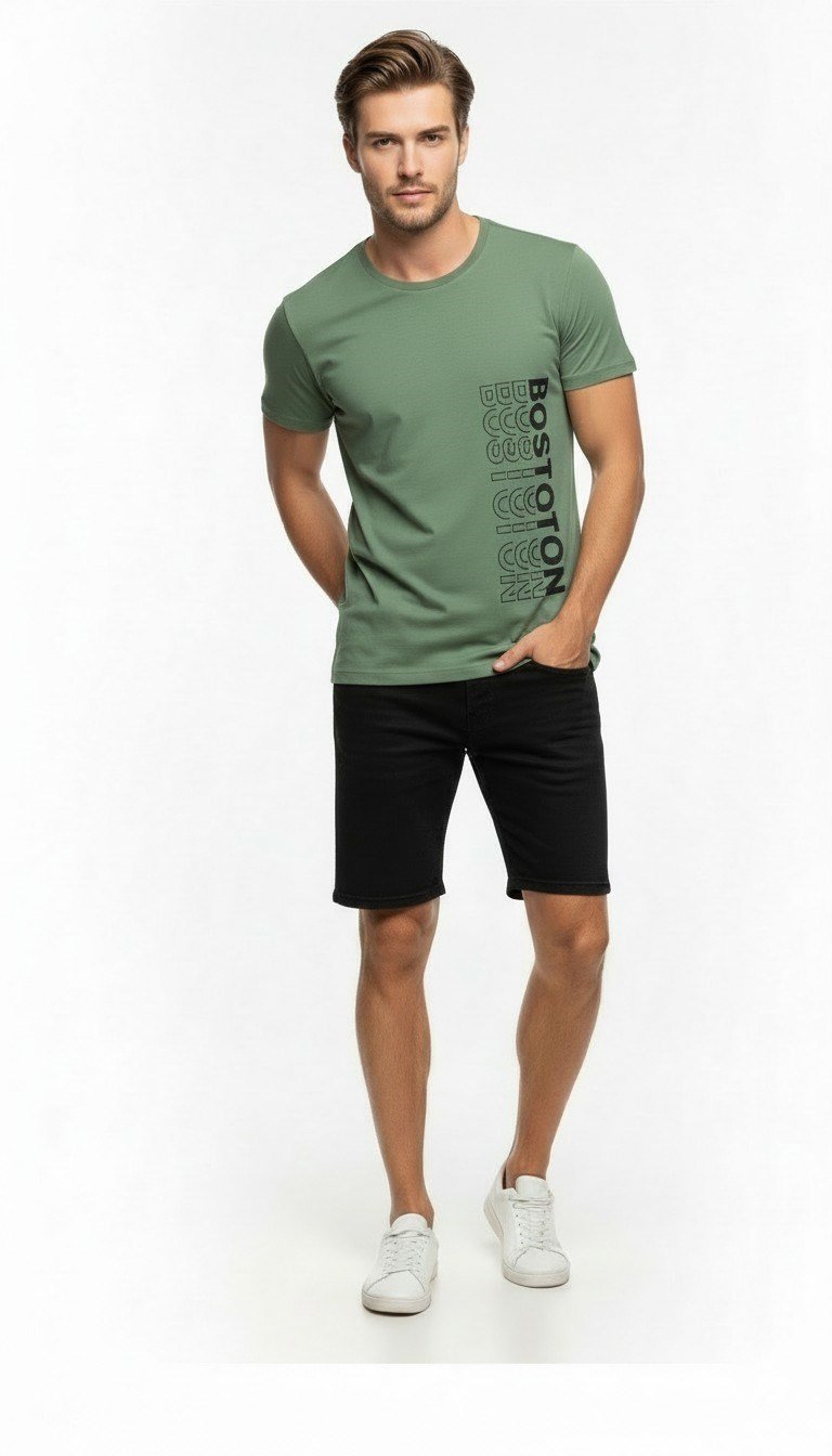 Urban Boston Dikey Baskı Erkek Tişört – Slim Fit, Sokak Stili Günlük T-Shirt