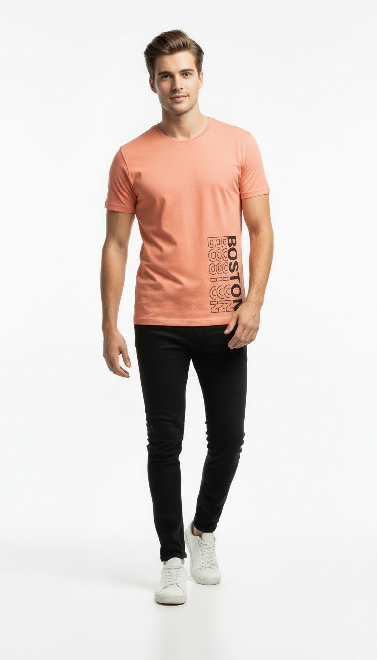 Urban Boston Dikey Baskı Erkek Tişört – Slim Fit, Sokak Stili Günlük T-Shirt