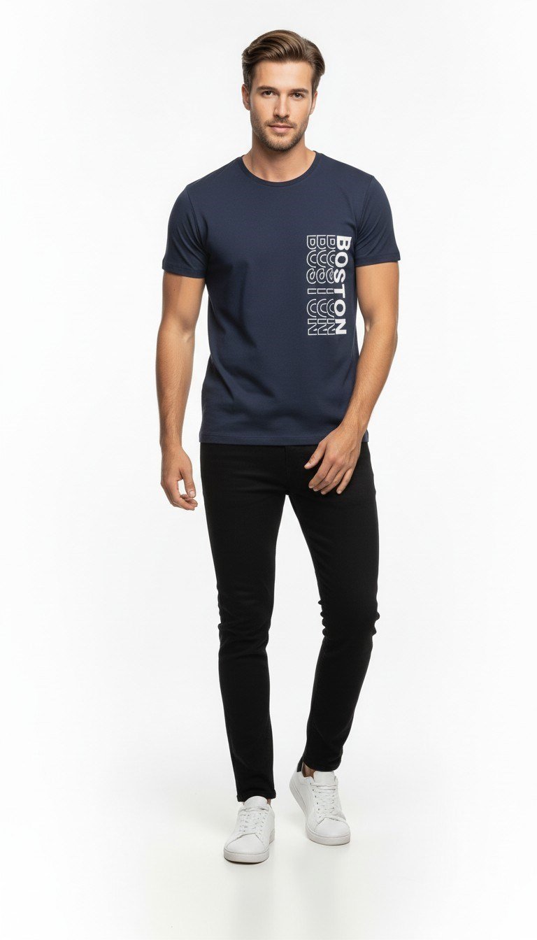 Urban Boston Dikey Baskı Erkek Tişört – Slim Fit, Sokak Stili Günlük T-Shirt