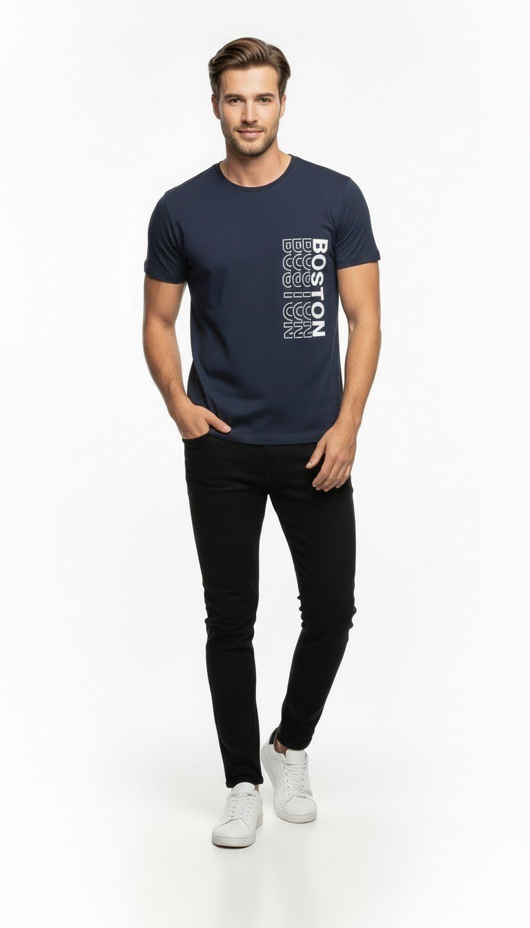Urban Boston Dikey Baskı Erkek Tişört – Slim Fit, Sokak Stili Günlük T-Shirt