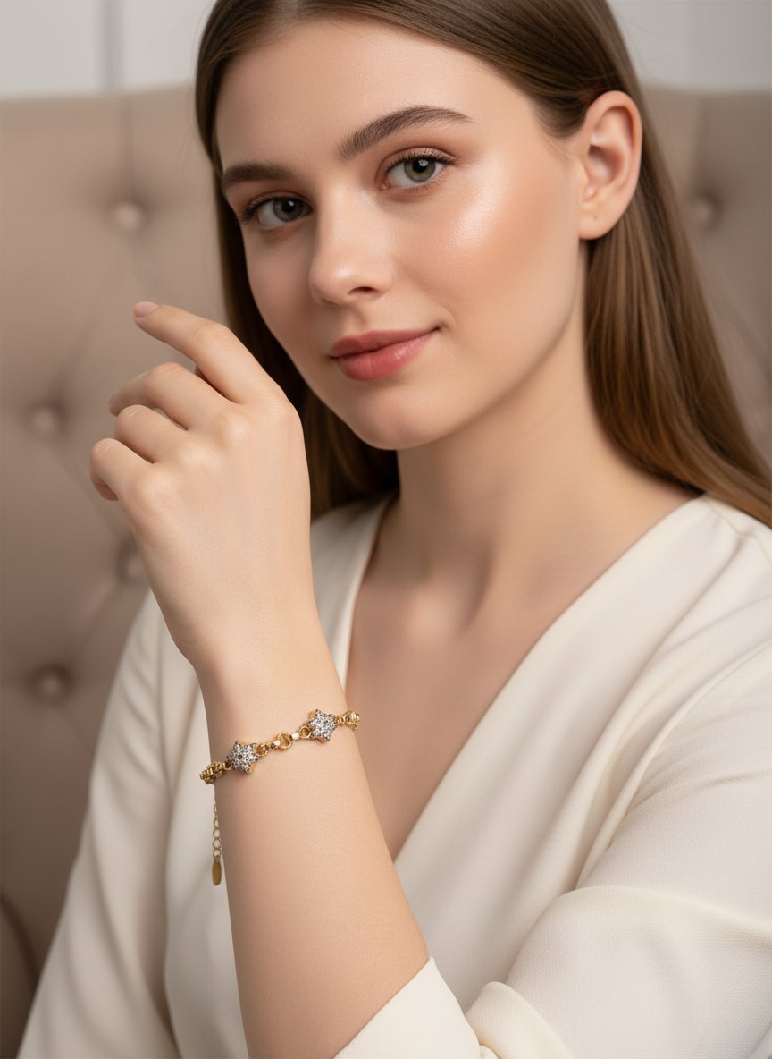 Xuping Gold Renk Yıldız Detaylı Kadın Bileklik – Işıltılı Taşlı, Kararma Yapmaz