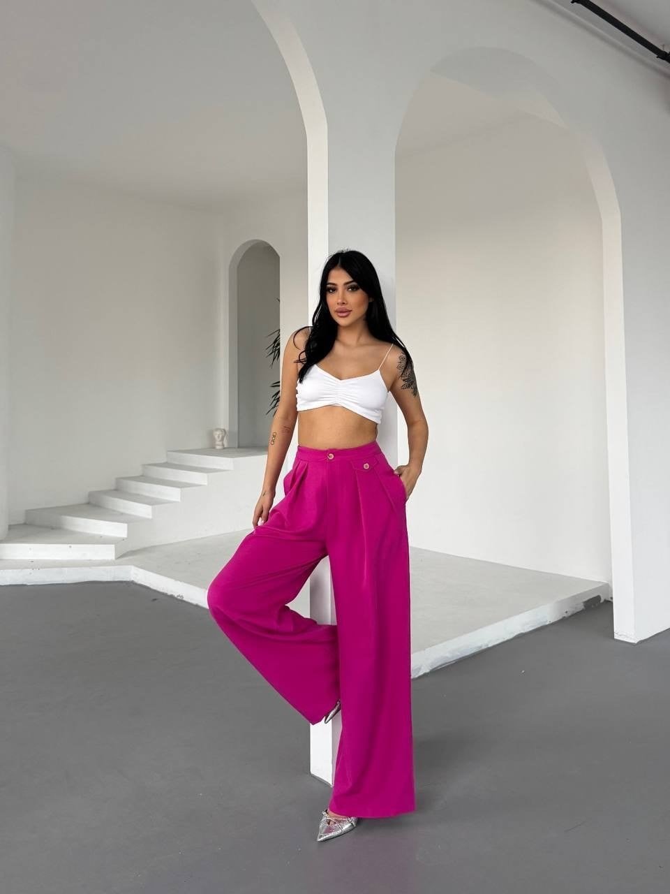 Yüksek Bel Bol Paça Dökümlü Kumaş Pantolon-Pembe