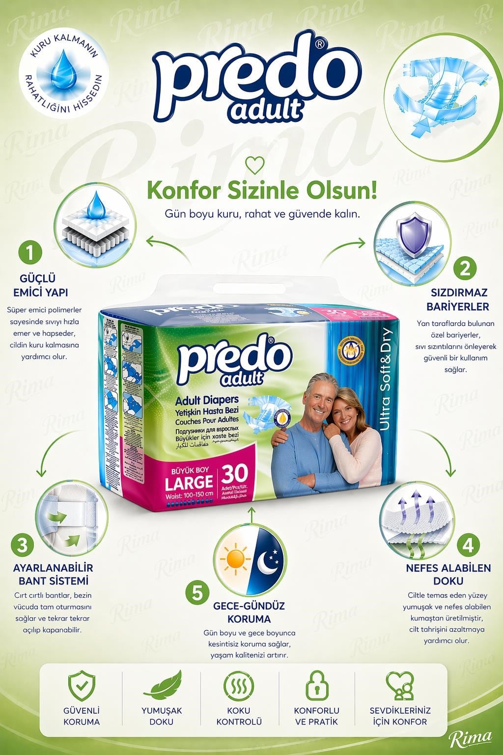 Predo Bel Bantlı Yetişkin Hasta Bezi Large (L) 30 Adet| 10 Damla  | 100-150 cm