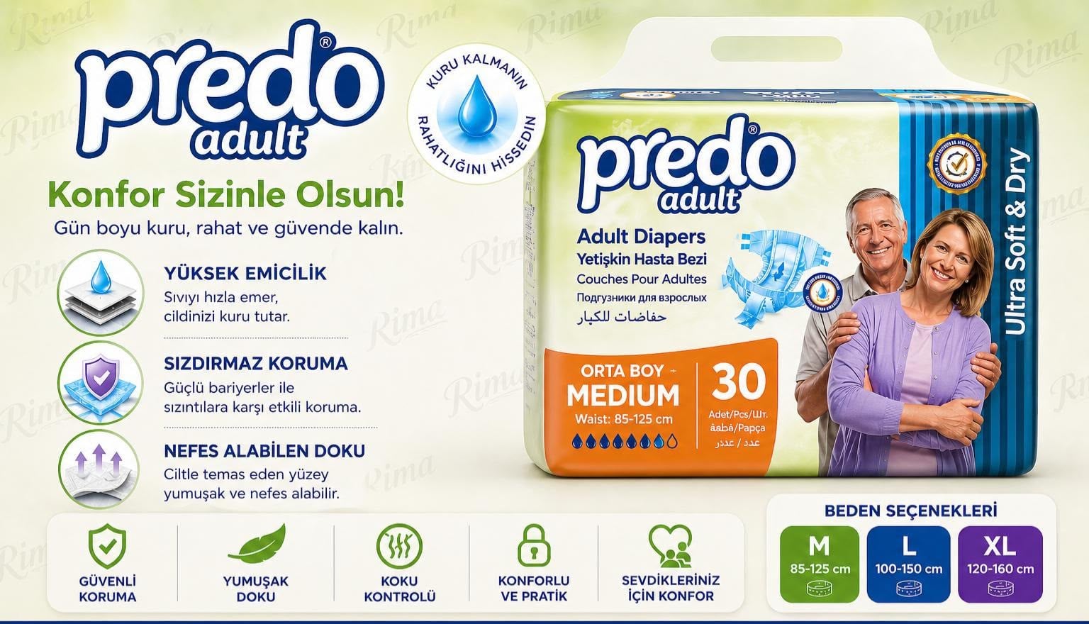 Predo Bel Bantlı Yetişkin Hasta Bezi Medium (M) 30 Adet| 8 Damla |  85-125CM