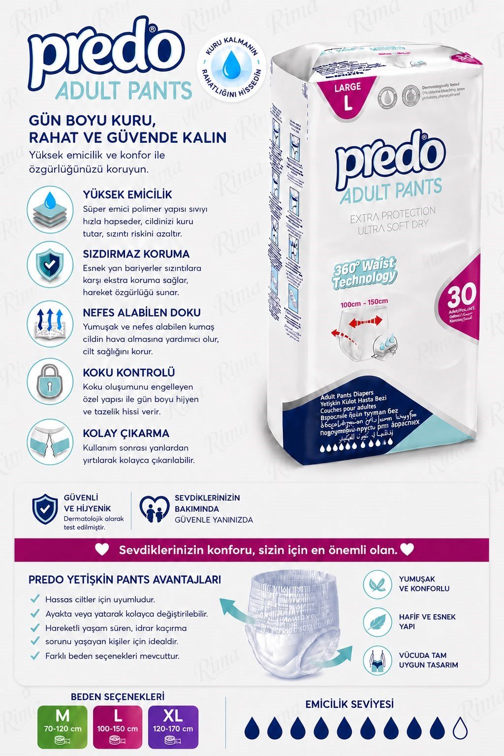 Predo Yetişkin Emici Külot Hasta Bezi L 30 Adet| 9 Damla | 100-150 cm