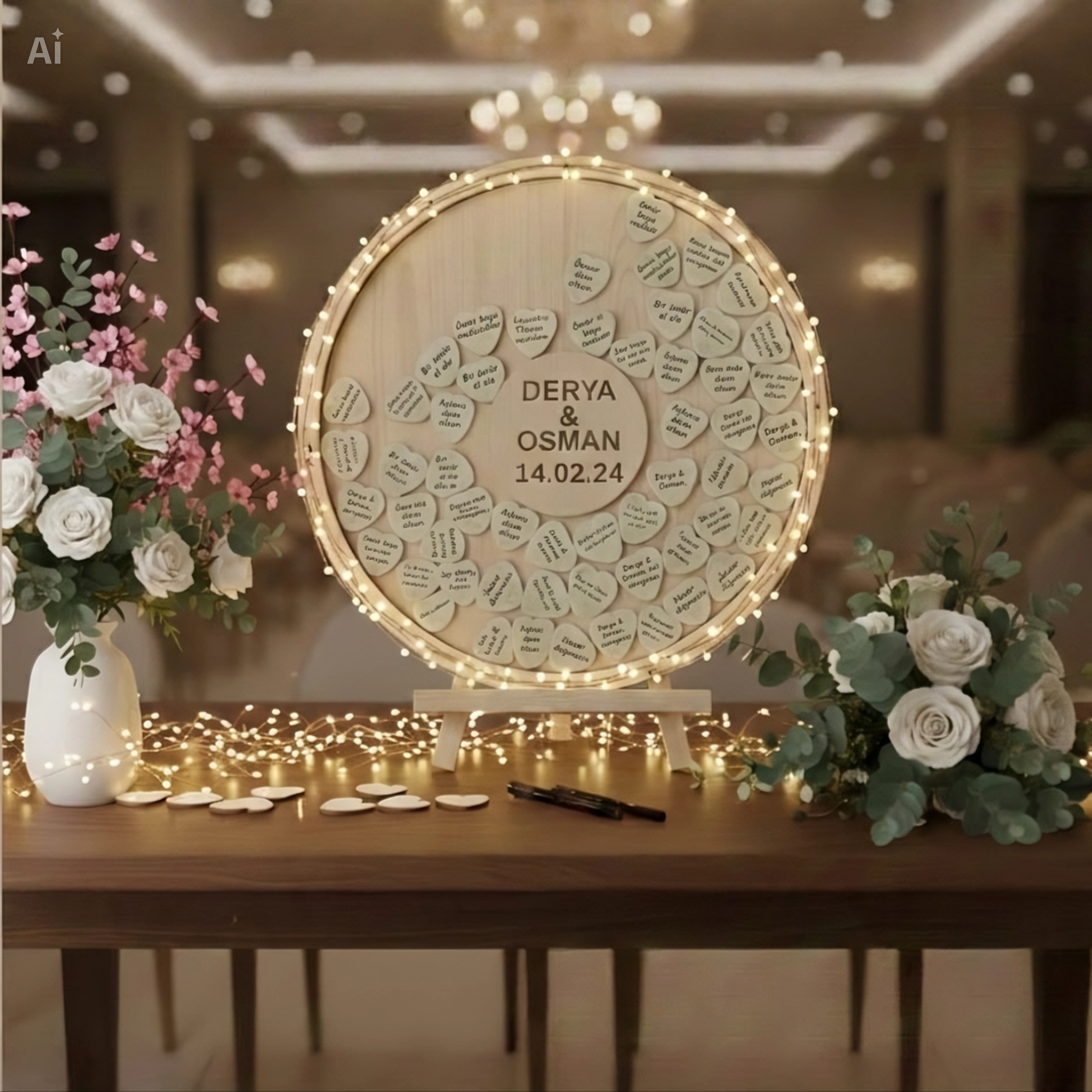  Kişiselleştirilmiş Yuvarlak Özel İsimlikli Akçaağaç Düğün Nişan Anı Defteri -  Anı Kutusu (50 cm Set)