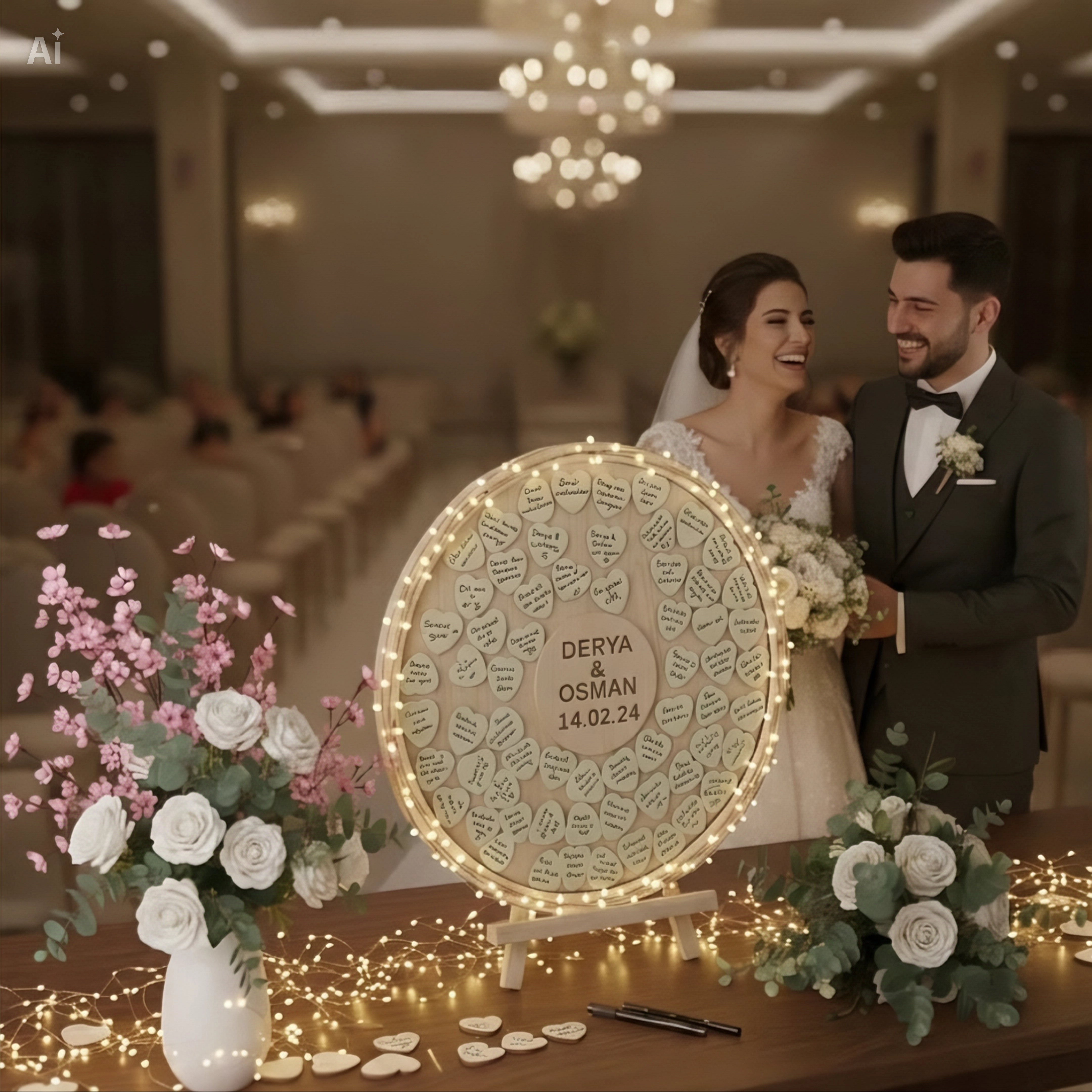  Kişiselleştirilmiş Yuvarlak Özel İsimlikli Akçaağaç Düğün Nişan Anı Defteri -  Anı Kutusu (50 cm Set)