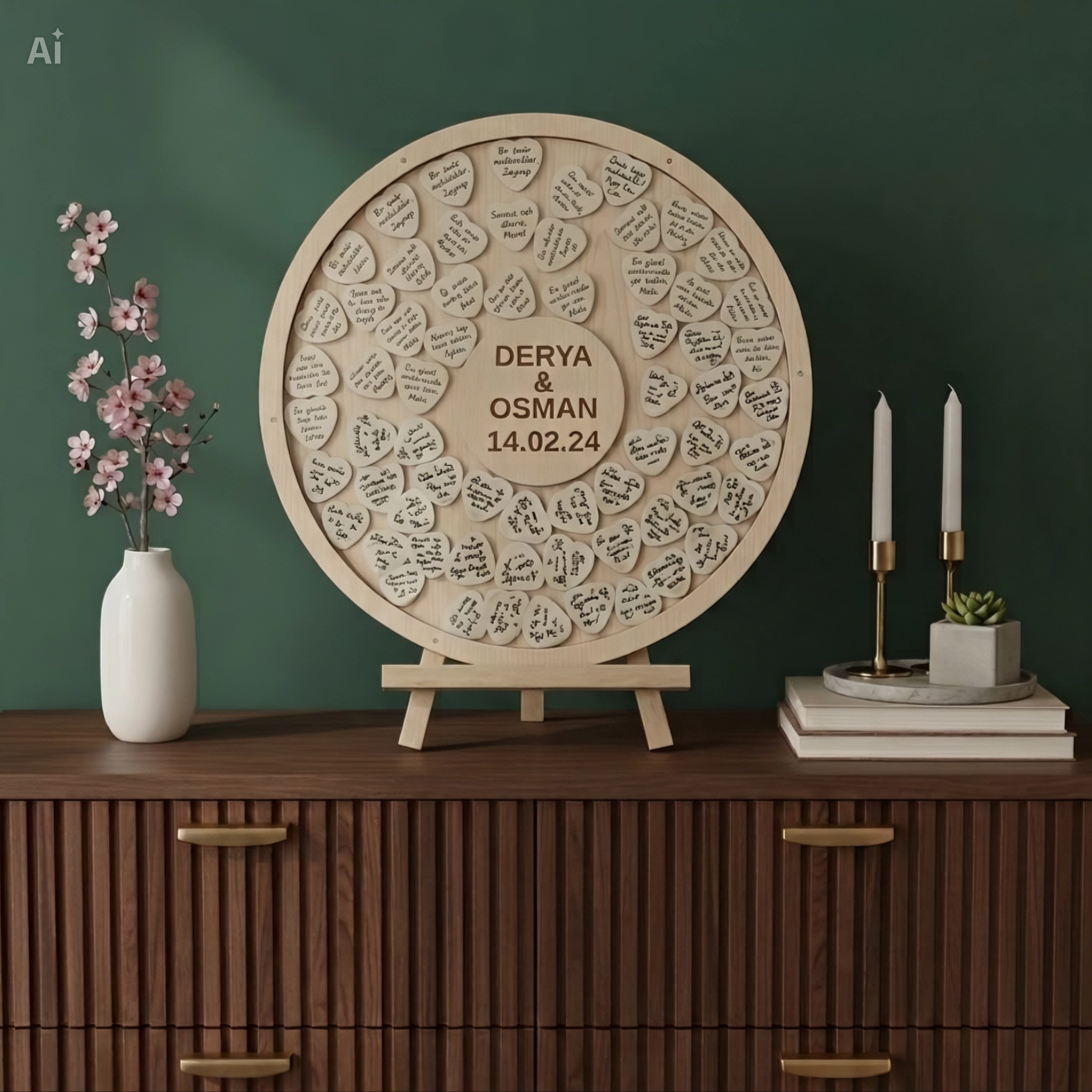  Kişiselleştirilmiş Yuvarlak Özel İsimlikli Akçaağaç Düğün Nişan Anı Defteri -  Anı Kutusu (50 cm Set)